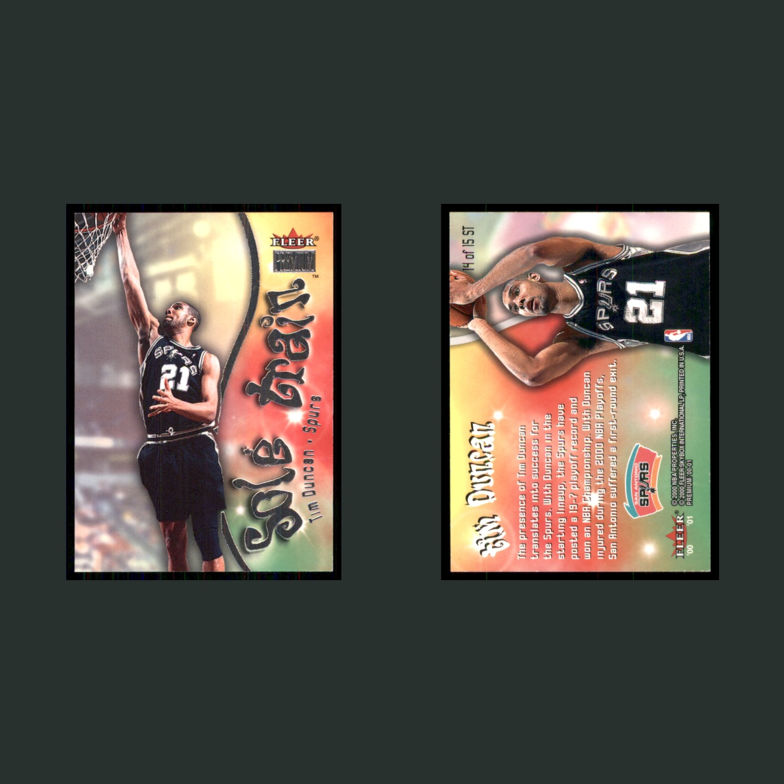 Tim Duncan #14 2000-01 Fleer Premium Sole Train San Antonio Spurs Basketball NBA front and back scans. Card condition is Near Mint.