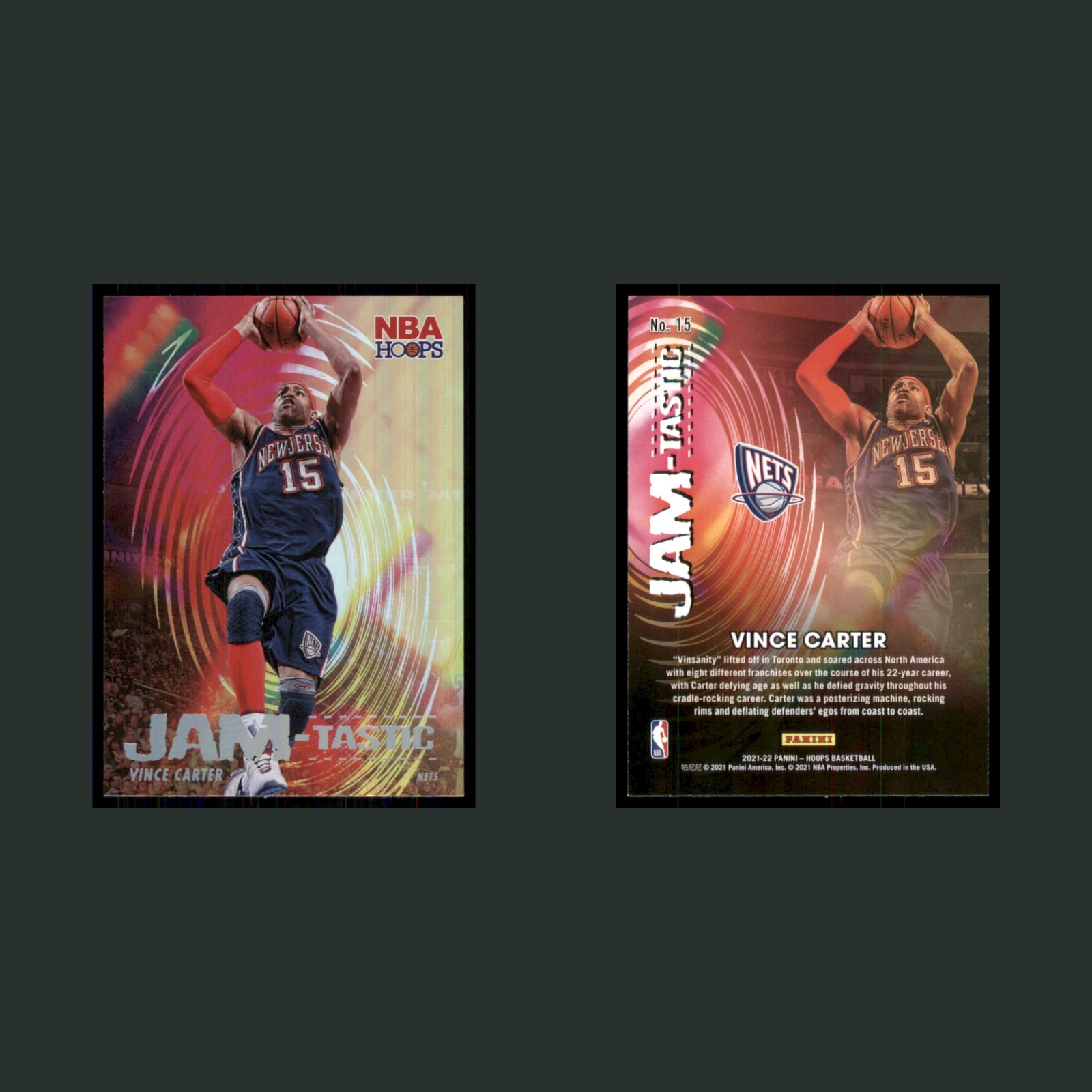 Vince Carter #15 2021-22 Panini Hoops JAM-Tastic New Jersey Nets Basketball Card front and back scans. Card condition is Near Mint.