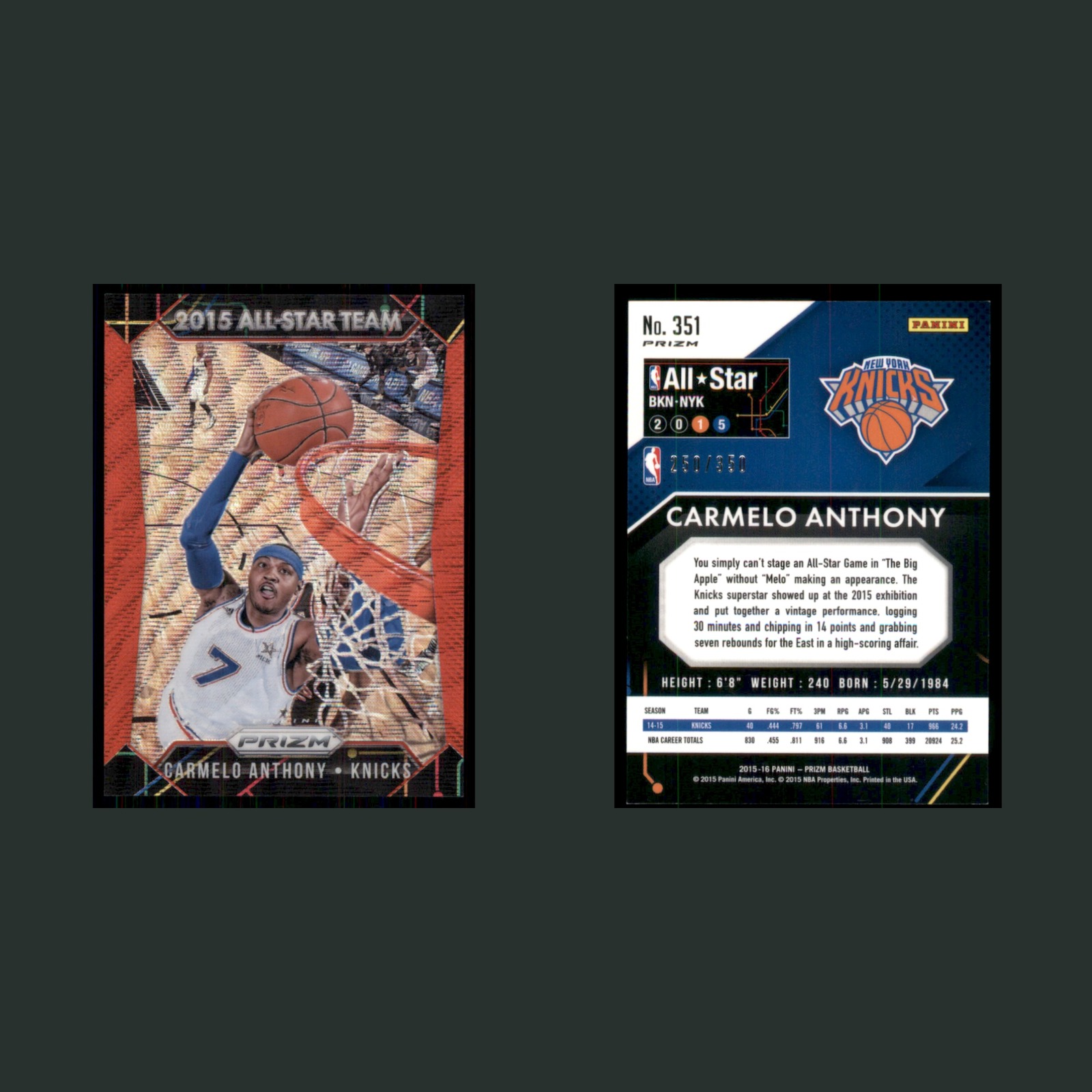 Carmelo Anthony /350 #351 2015-16 Panini Prizm Red Wave New York Knicks Card NBA front and back scans. Card condition is Near Mint.