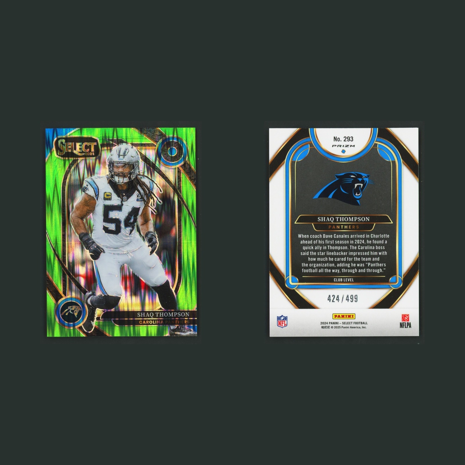 Shaq Thompson /499 #293 2025 Panini Select Neon Green Shock Prizm Panthers Card front and back scans. Card condition is Near Mint.