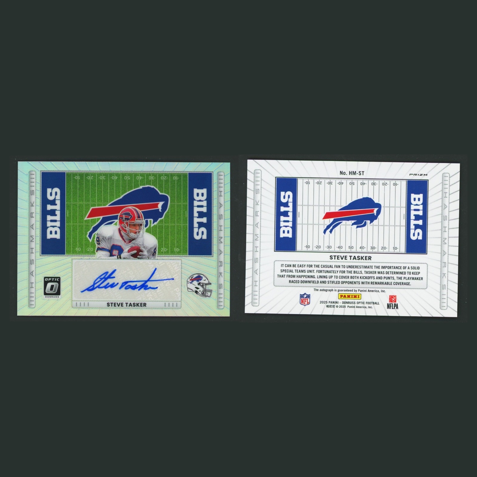 Steve Tasker Auto #HM-ST 2025 Panini Donruss Optic Hashmarks Silver Holo Prizm front and back scans. Card condition is Near Mint.
