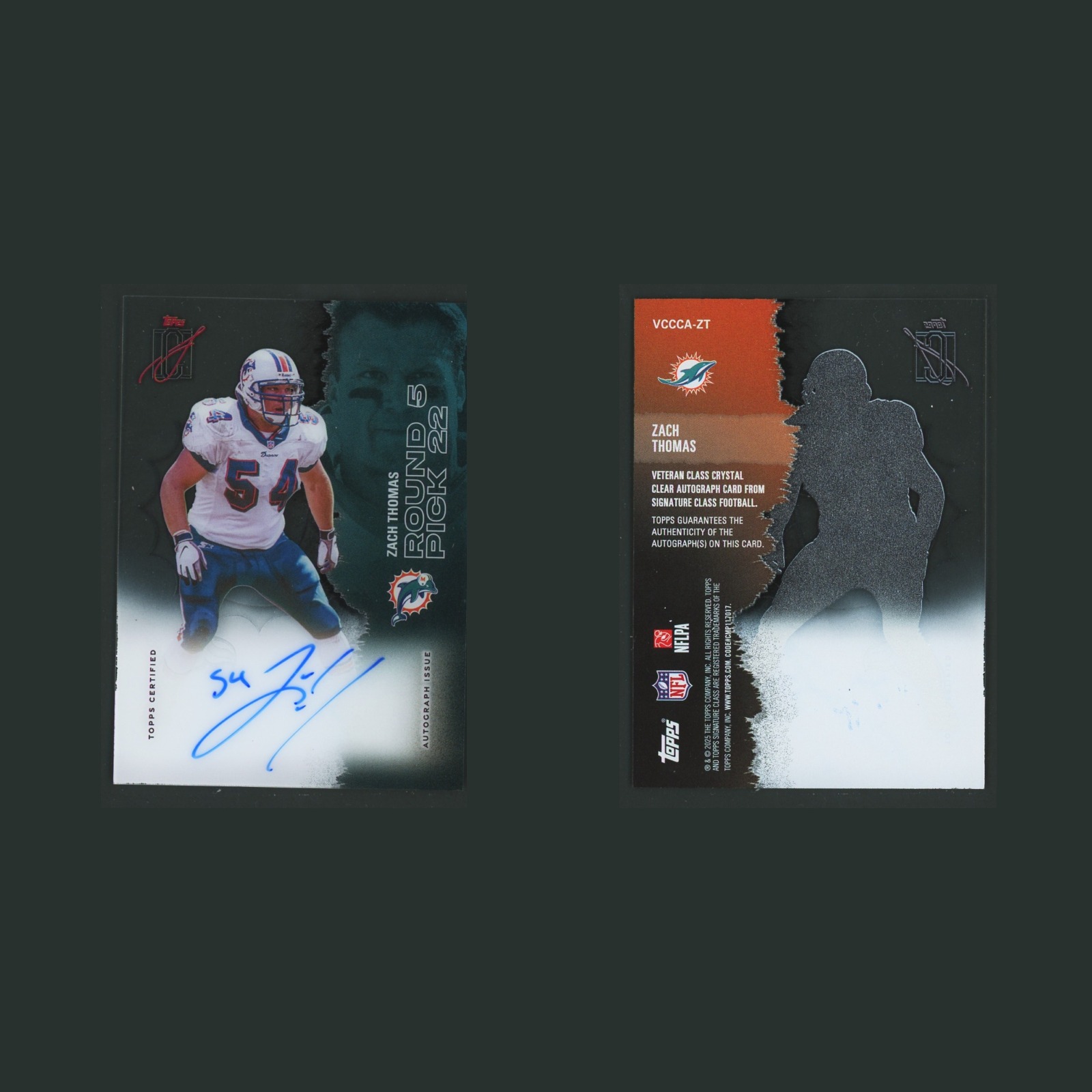 Zach Thomas Auto #VCCCA-ZT 2025 Topps Signature Class Crystal Clear Dolphins NFL front and back scans. Card condition is Near Mint.