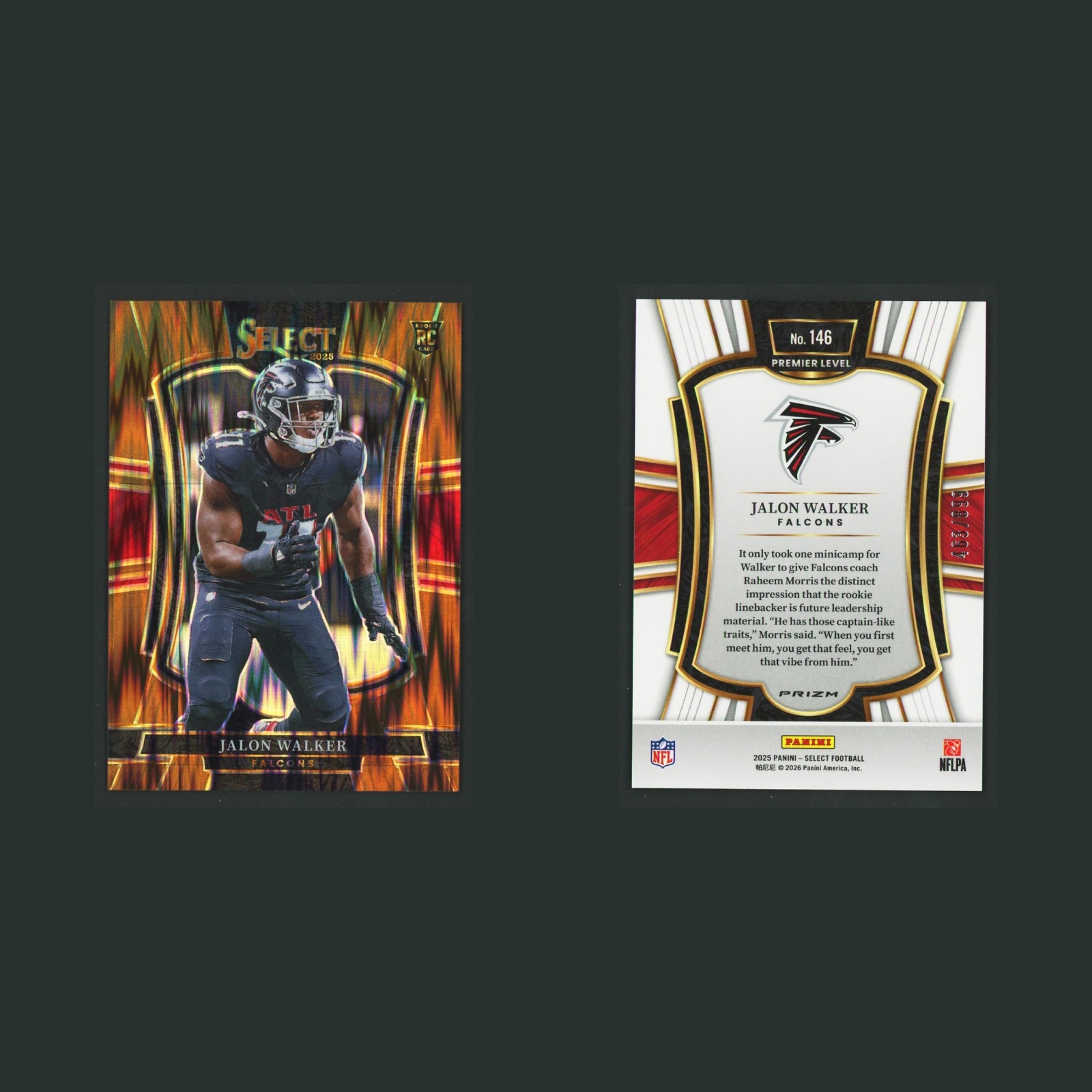 Jalon Walker Rookie /899 #146 2025 Select Premier Level Copper Shock Prizm Card front and back scans. Card condition is Near Mint.