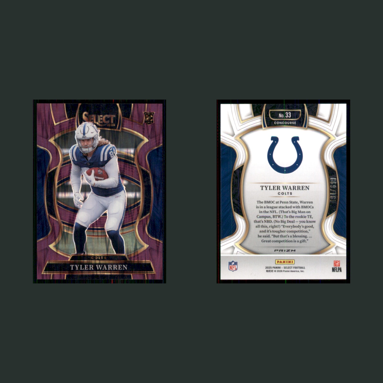 Tyler Warren Rookie /699 #33 2025 Panini Select Purple Shock Prizm Colts Card front and back scans. Card condition is Near Mint.