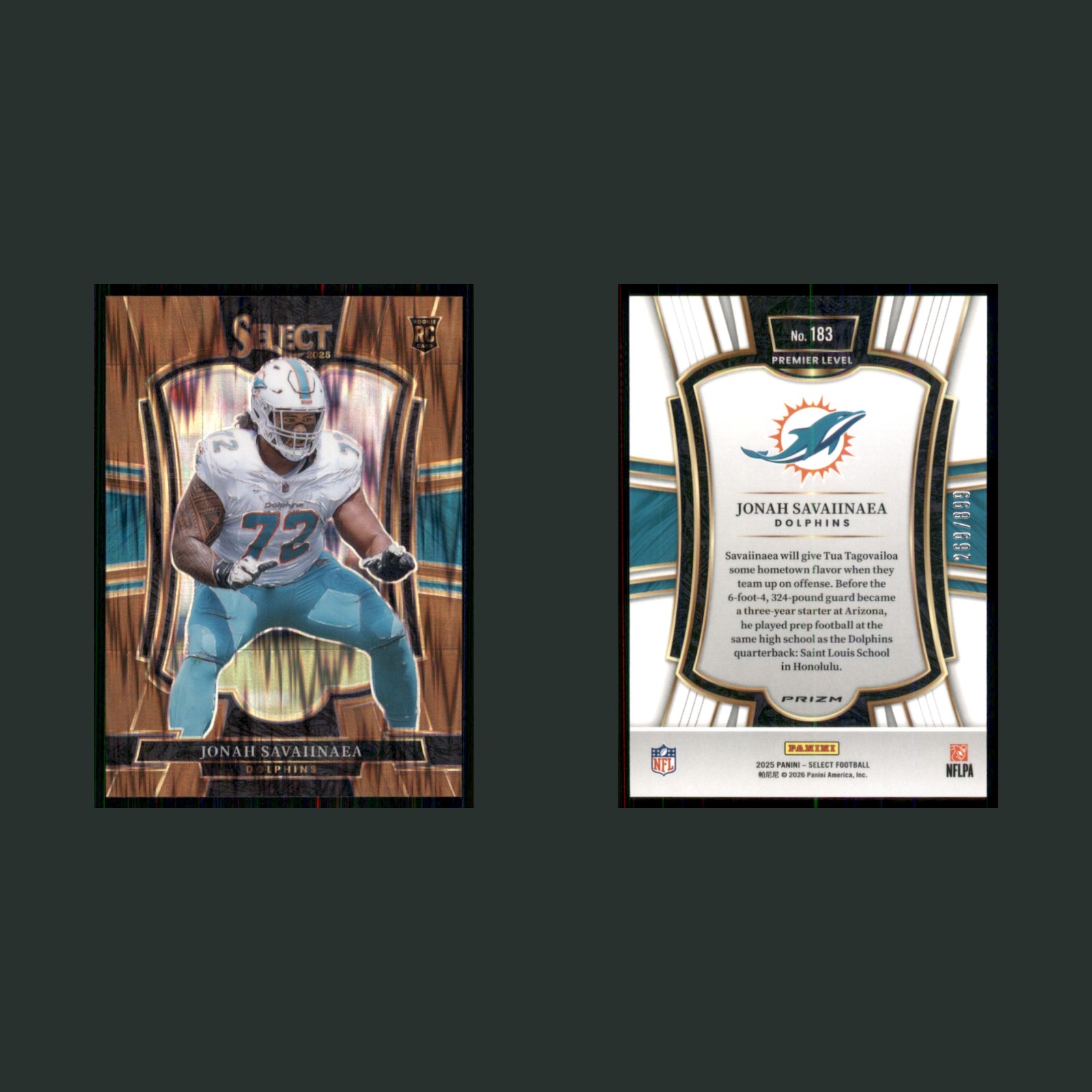Jonah Savaiinaea Rookie /899 #183 2025 Panini Select Copper Shock Prizm Dolphins front and back scans. Card condition is Near Mint.