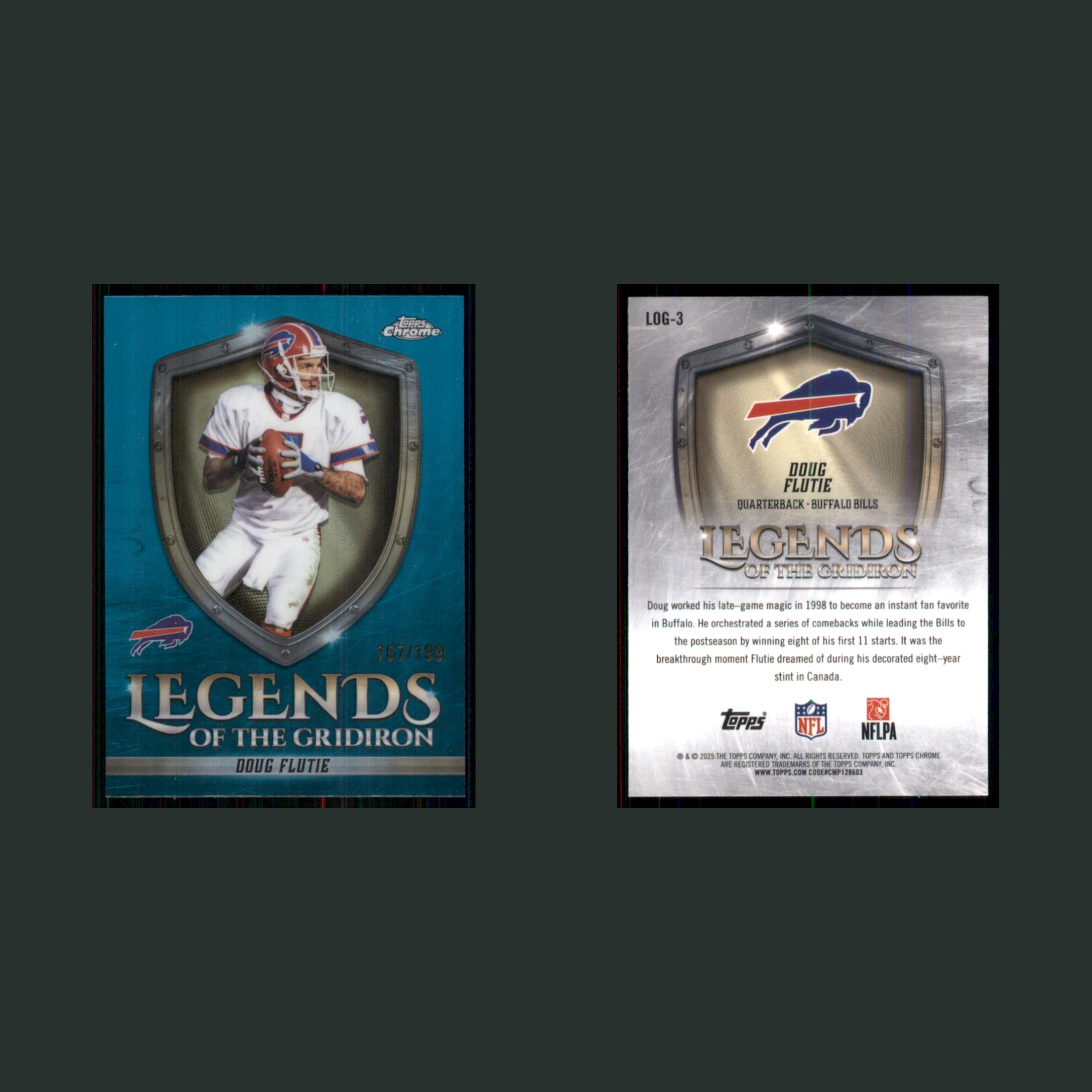 Doug Flutie /199 #LOG-3 2025 Topps Chrome Legends of the Gridiron Aqua Refractor front and back scans. Card condition is Near Mint.