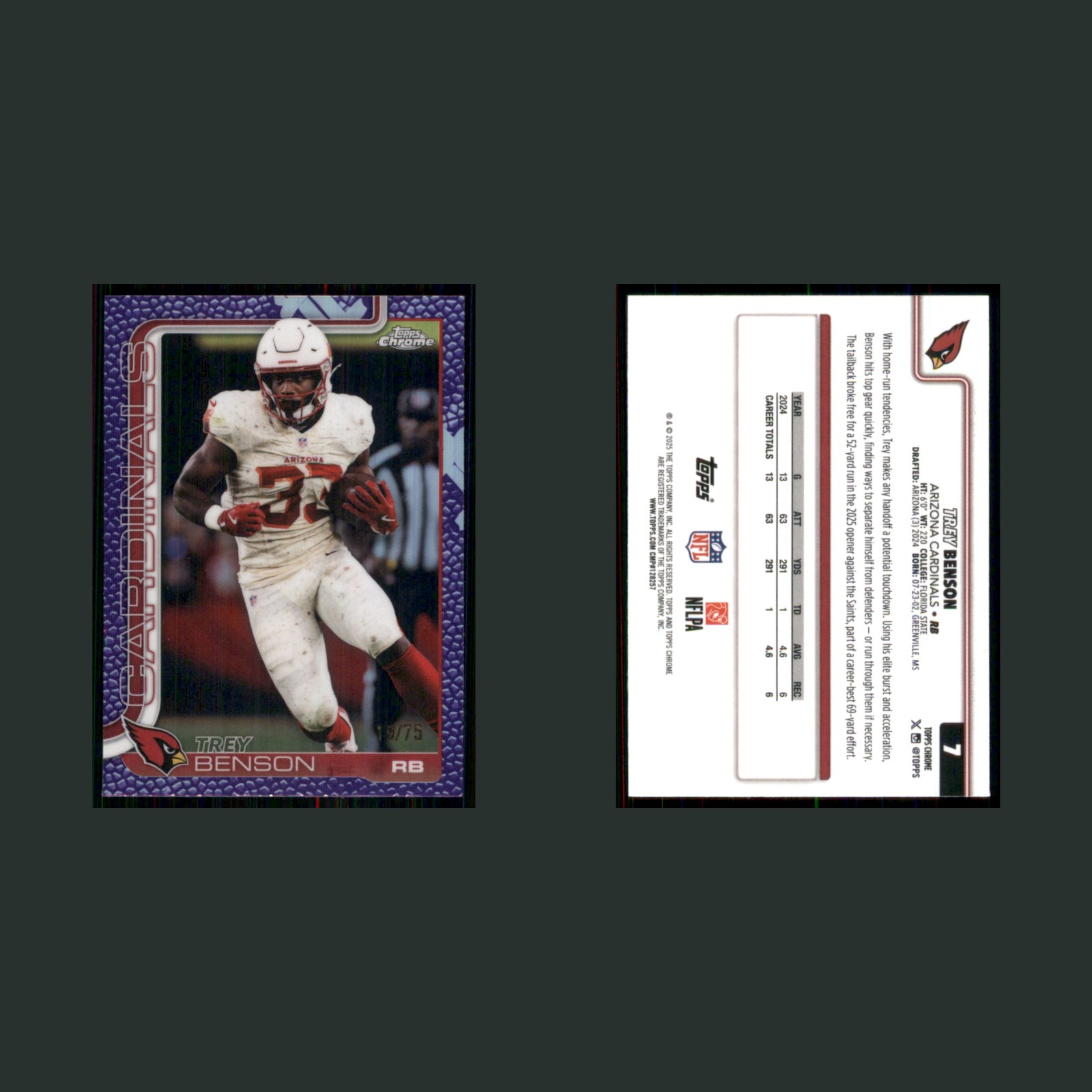 Trey Benson /75 #7 2025 Topps Chrome Purple Leather Refractor Arizona Cardinals front and back scans. Card condition is Near Mint.