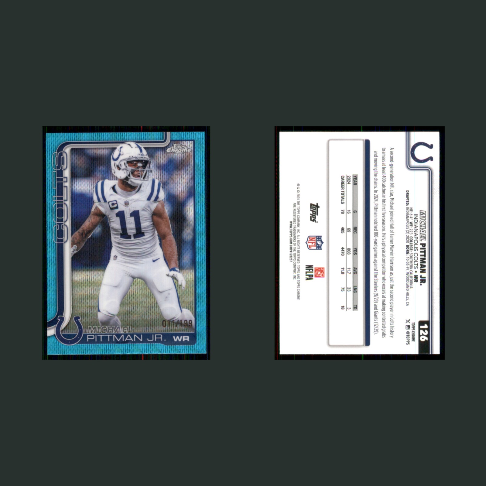 Michael Pittman Jr. /199 #126 2025 Topps Chrome Aqua Wave Refractor Colts Card front and back scans. Card condition is Near Mint.