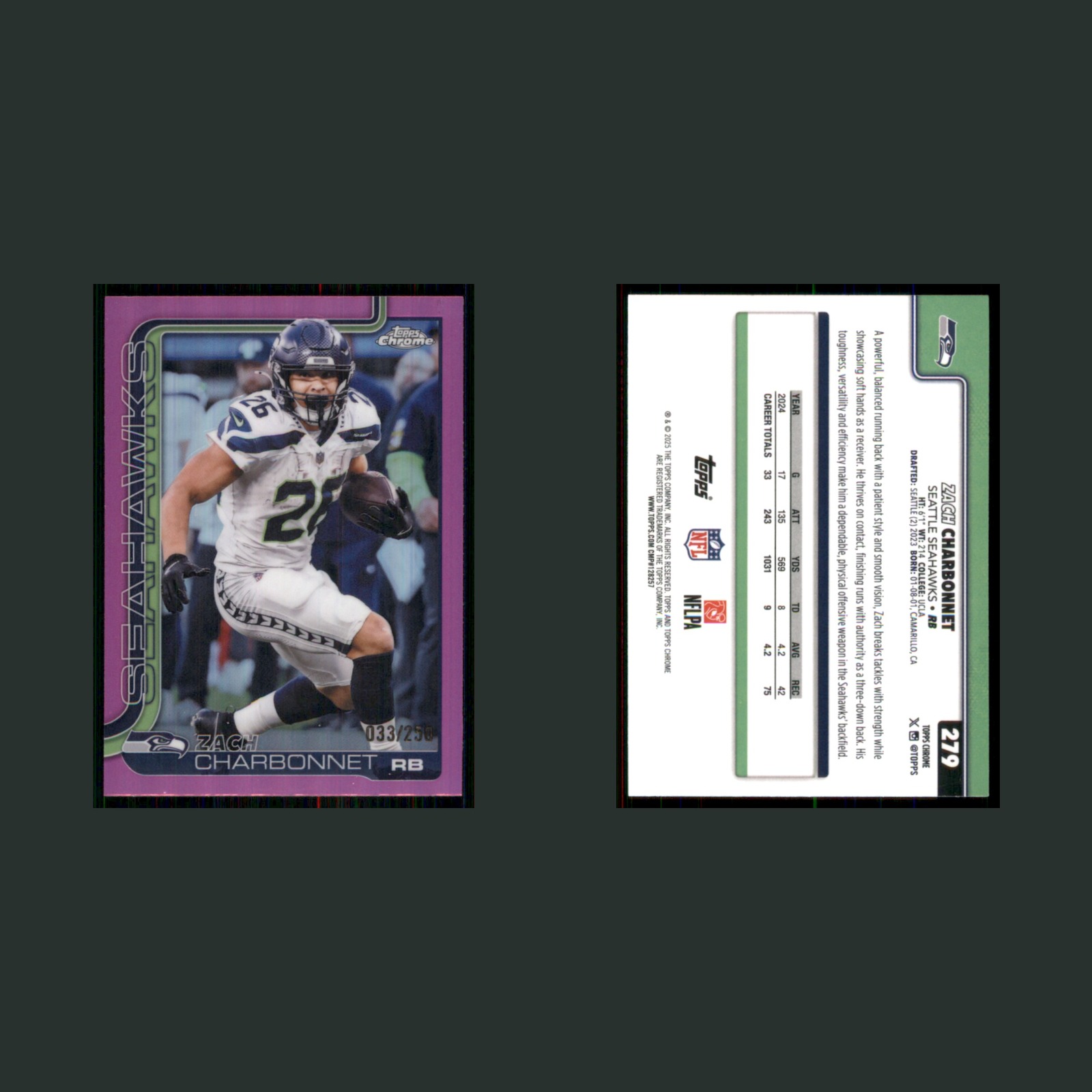 Zach Charbonnet /250 #279 2025 Topps Chrome Pink Refractor Seattle Seahawks Card front and back scans. Card condition is Near Mint.