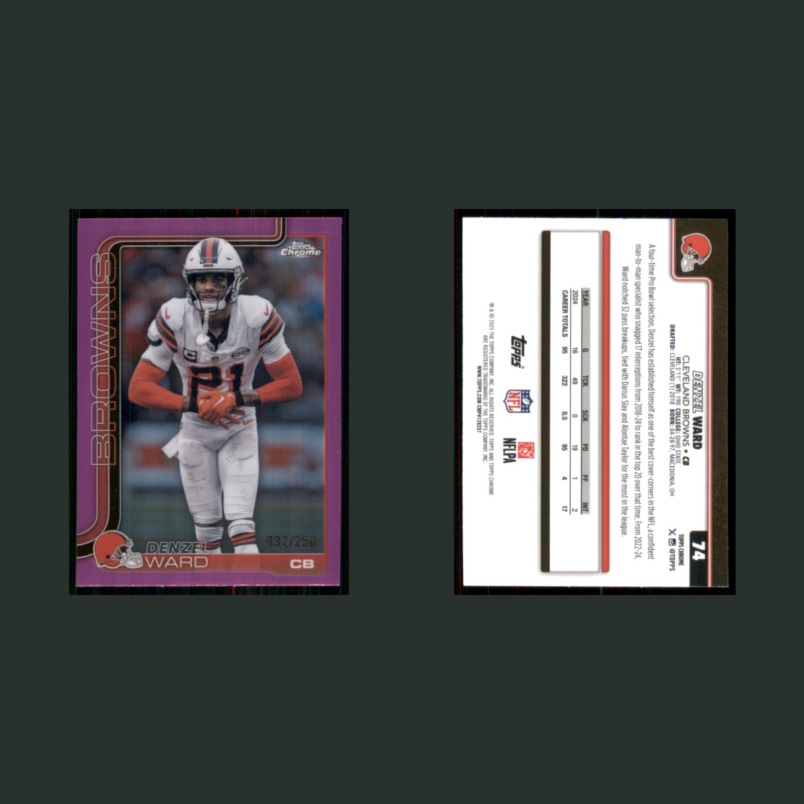 Denzel Ward /250 #74 2025 Topps Chrome Pink Refractor Cleveland Browns Football front and back scans. Card condition is Near Mint.