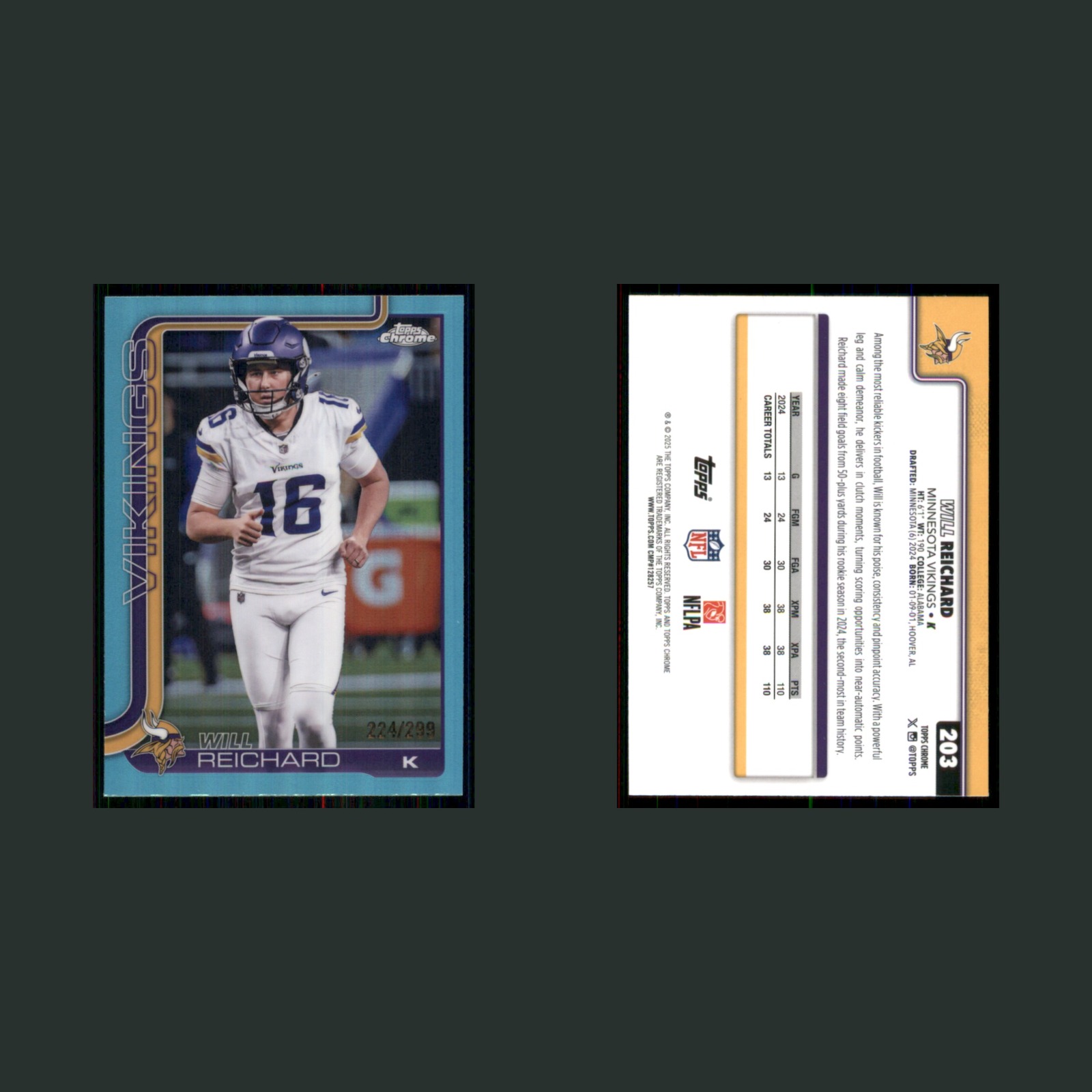 Will Reichard /299 #203 2025 Topps Chrome Teal Refractor Minnesota Vikings Card front and back scans. Card condition is Near Mint.