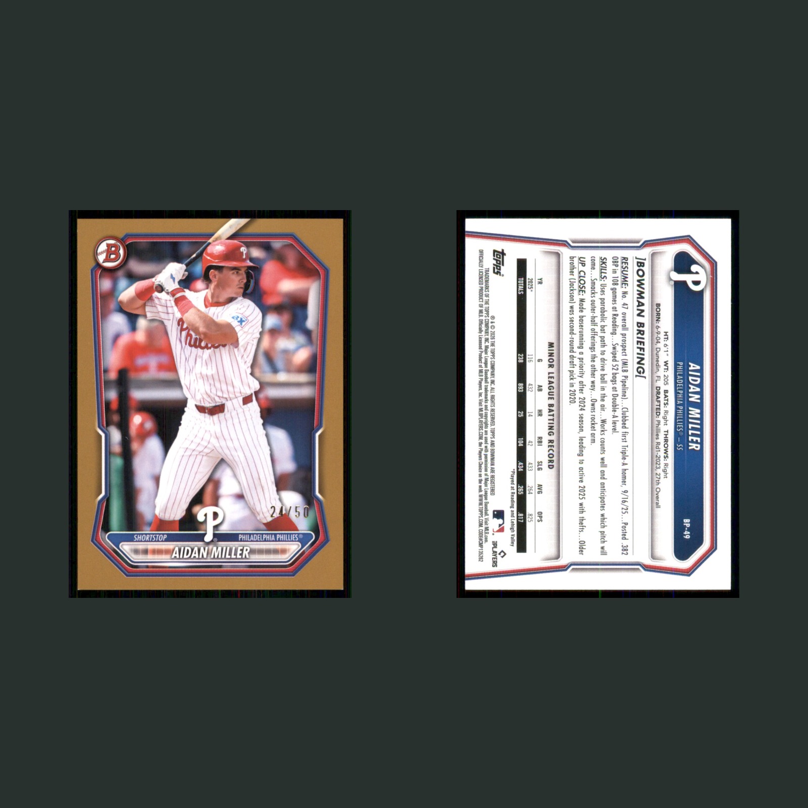 Aidan Miller /50 #BP-49 2026 Bowman Gold Philadelphia Phillies Baseball Card MLB front and back scans. Card condition is Near Mint.