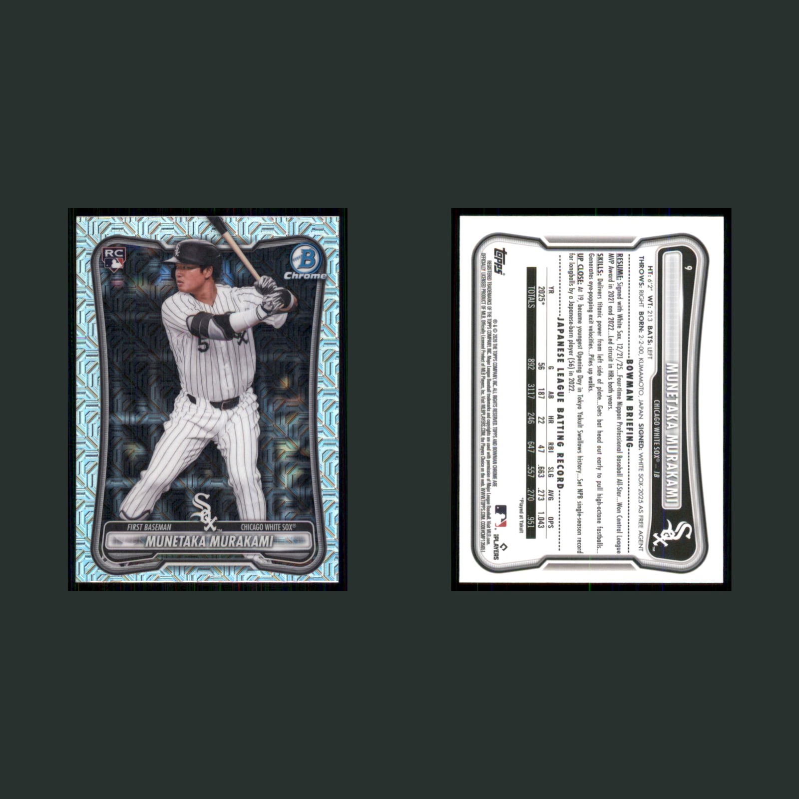 Munetaka Murakami Rookie #9 2026 Bowman Chrome Mojo Refractor Chicago White Sox front and back scans. Card condition is Near Mint.