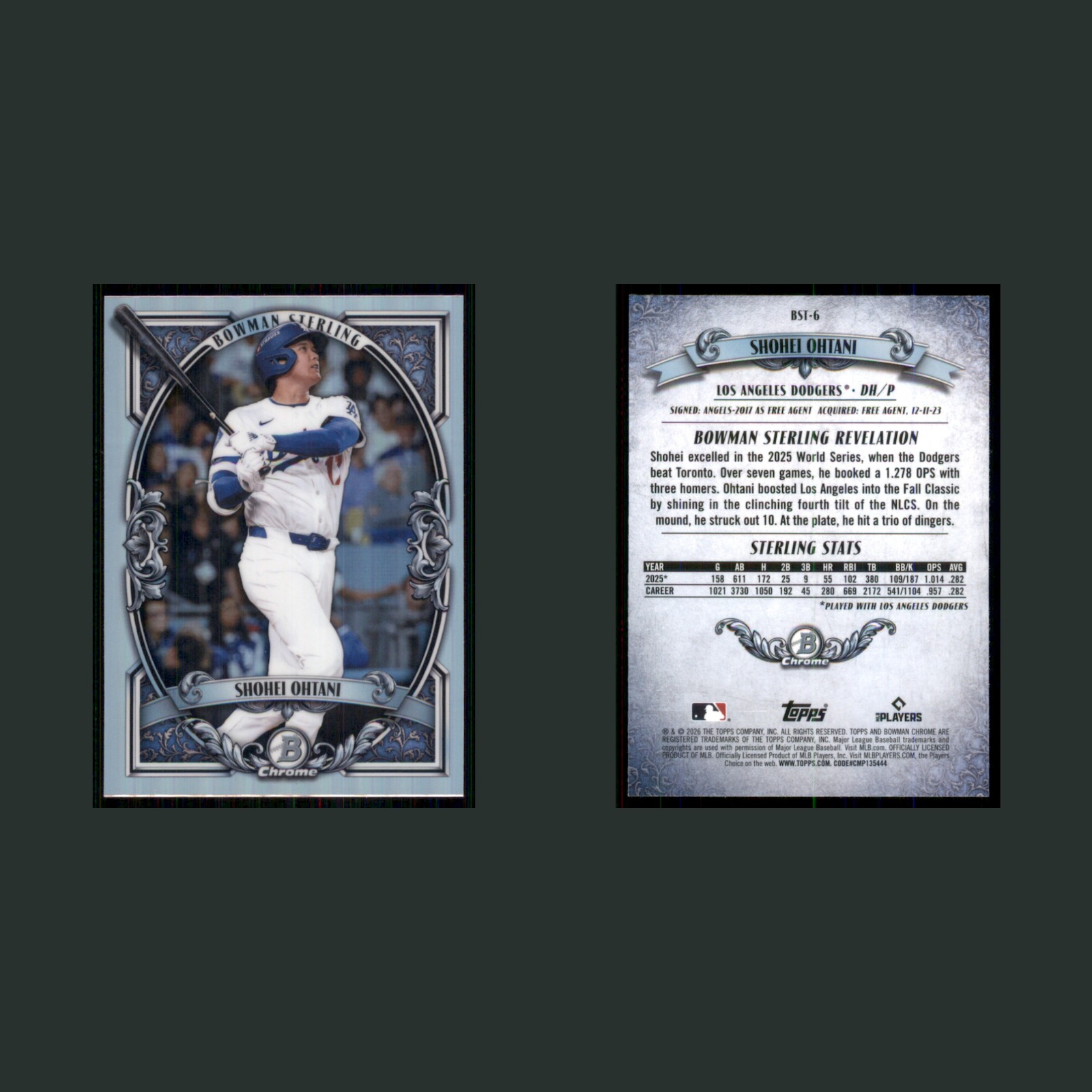 Shohei Ohtani #BST-6 2026 Bowman Chrome Sterling Los Angeles Dodgers Baseball front and back scans. Card condition is Near Mint.