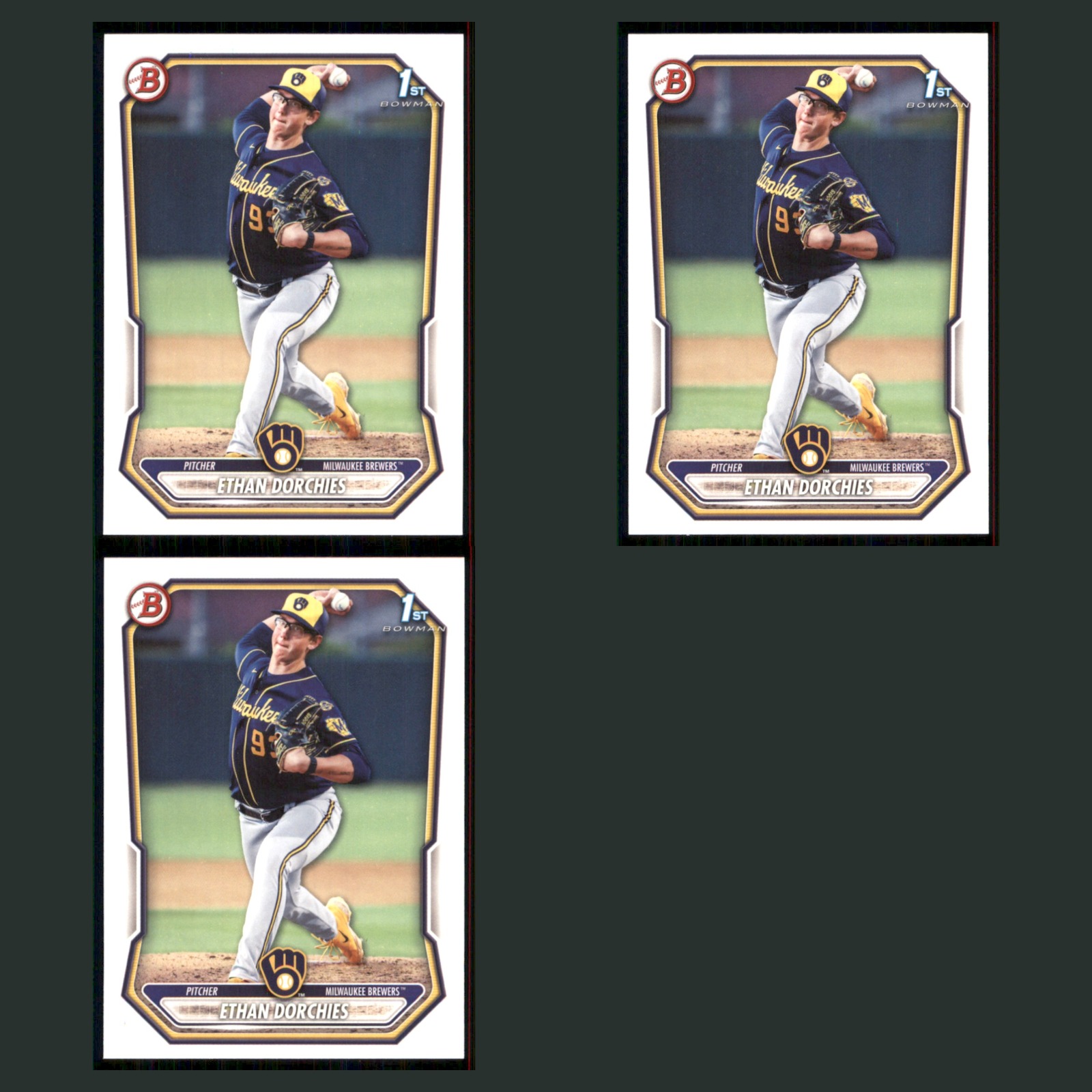 Ethan Dorchies Lot 3 Baseball Cards 2026 Bowman Prospects Set Collection MLB NM card scans. Overall card condition is Near Mint.