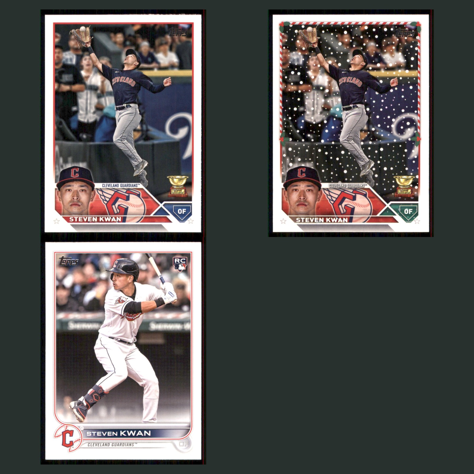 Steven Kwan Lot 3 Baseball Cards 2023 Topps Cleveland Guardians Set Collection card scans. Overall card condition is Near Mint.