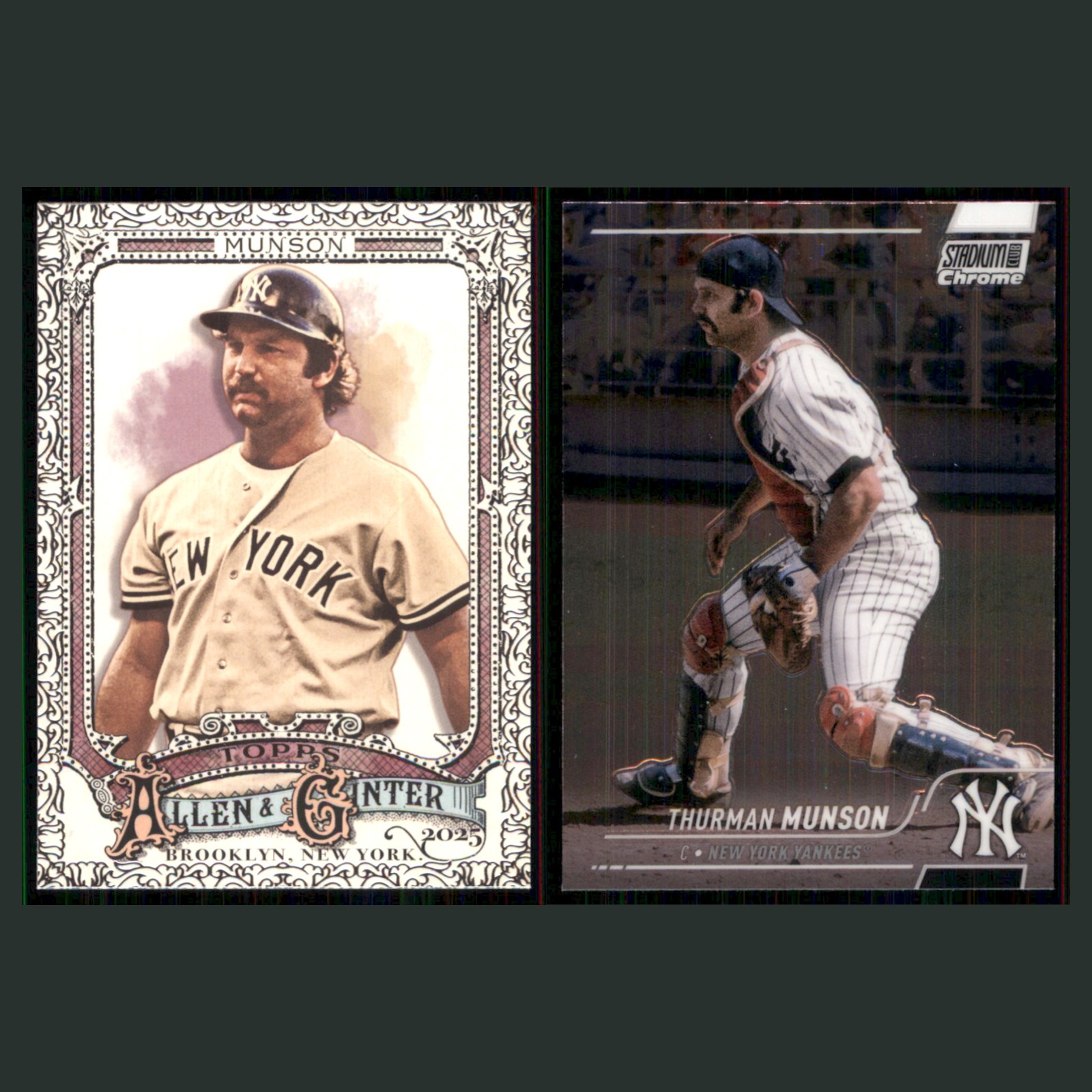 Thurman Munson Lot 2 Baseball Cards 2025 Topps Allen & Ginter New York Yankees card scans. Overall card condition is Near Mint.