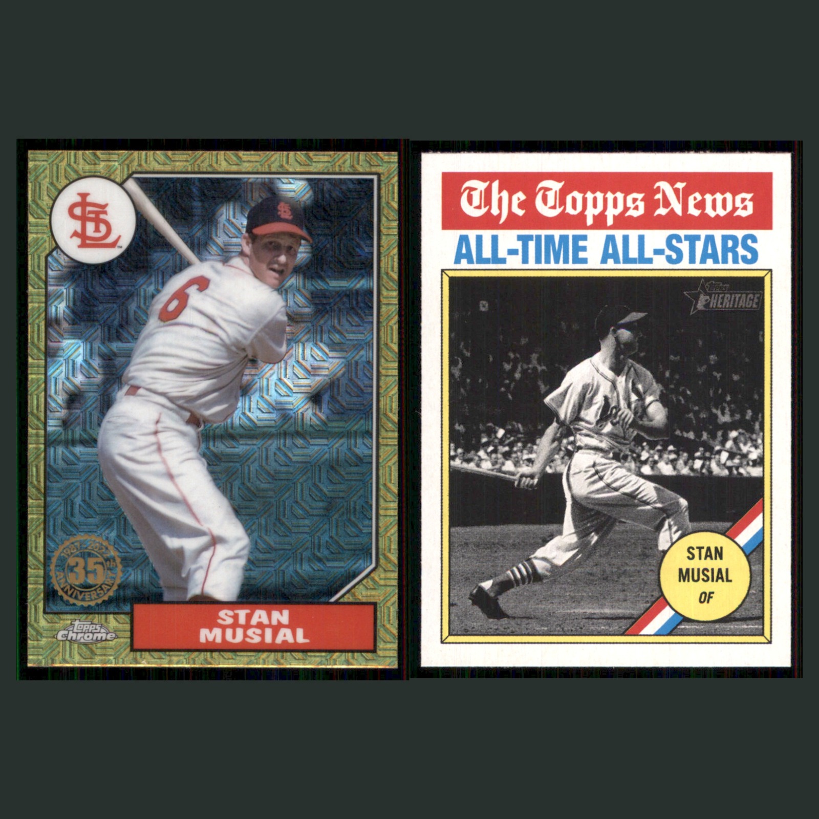 Stan Musial Lot 2 Baseball Cards 2022 Topps Chrome 1987 Topps Cardinals Set MLB card scans. Overall card condition is Near Mint.