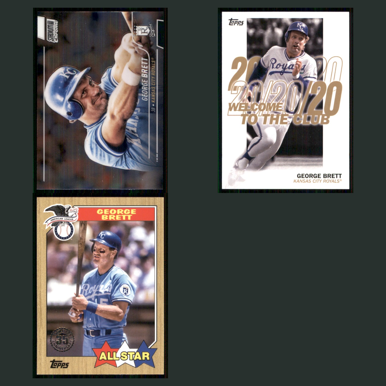 George Brett Lot 3 Baseball Cards 2022 Topps Stadium Club Chrome Royals Set MLB card scans. Overall card condition is Near Mint.