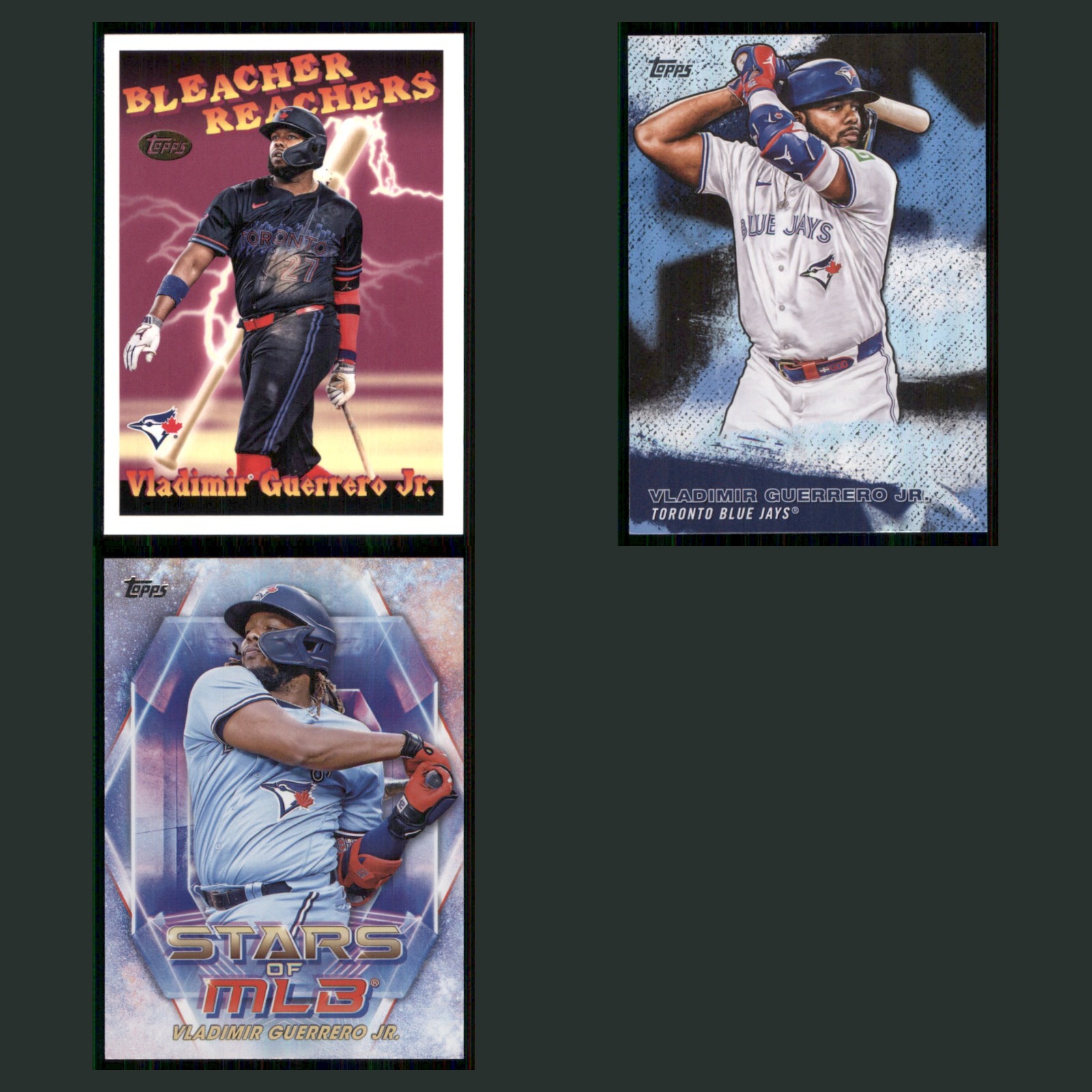 Vladimir Guerrero Jr. Lot 3 Baseball Cards 2024 Topps Bleacher Reachers Set MLB card scans. Overall card condition is Near Mint.
