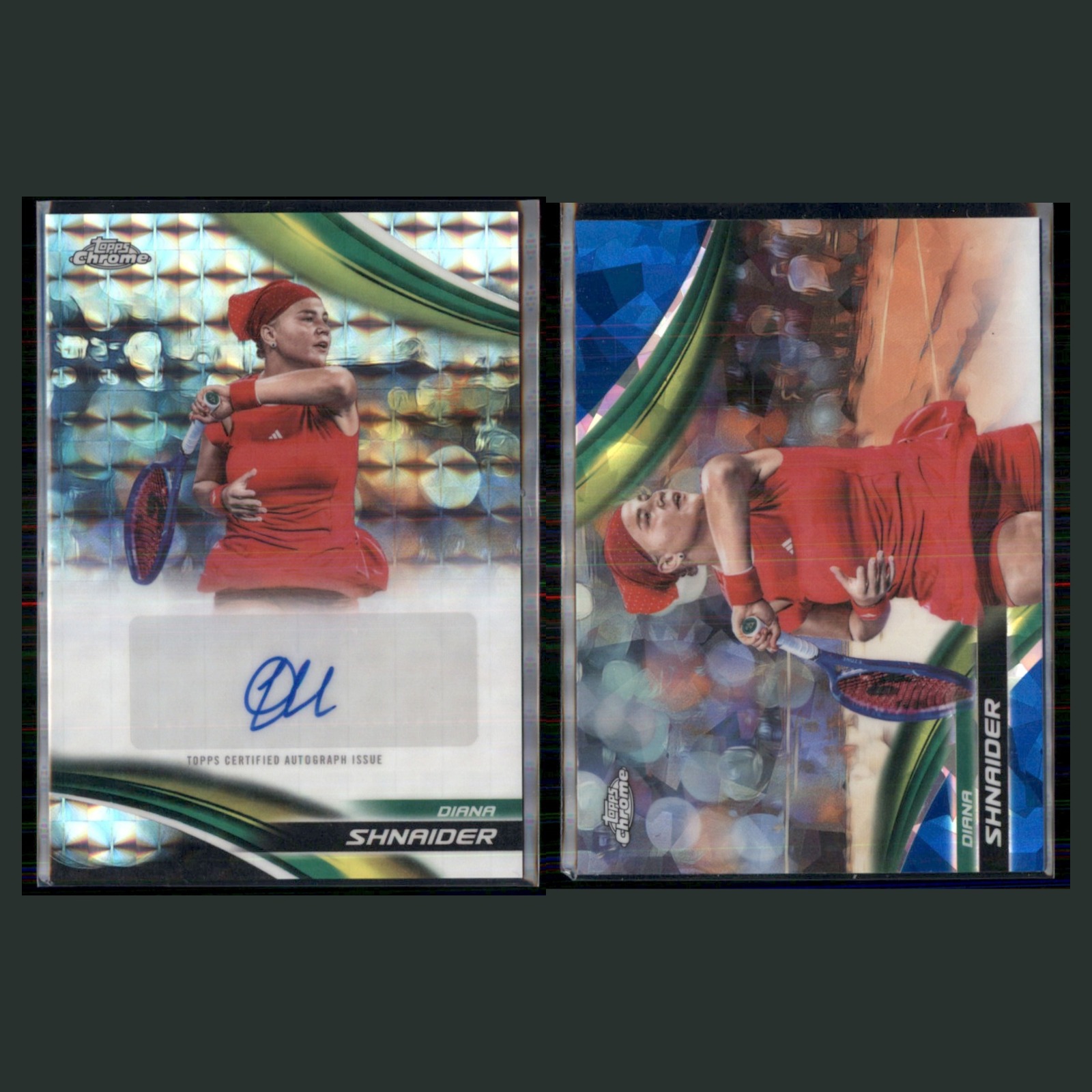 Diana Shnaider Auto Lot 2 Tennis Cards 2025 Topps Chrome Set Collection NM card scans. Overall card condition is Near Mint.