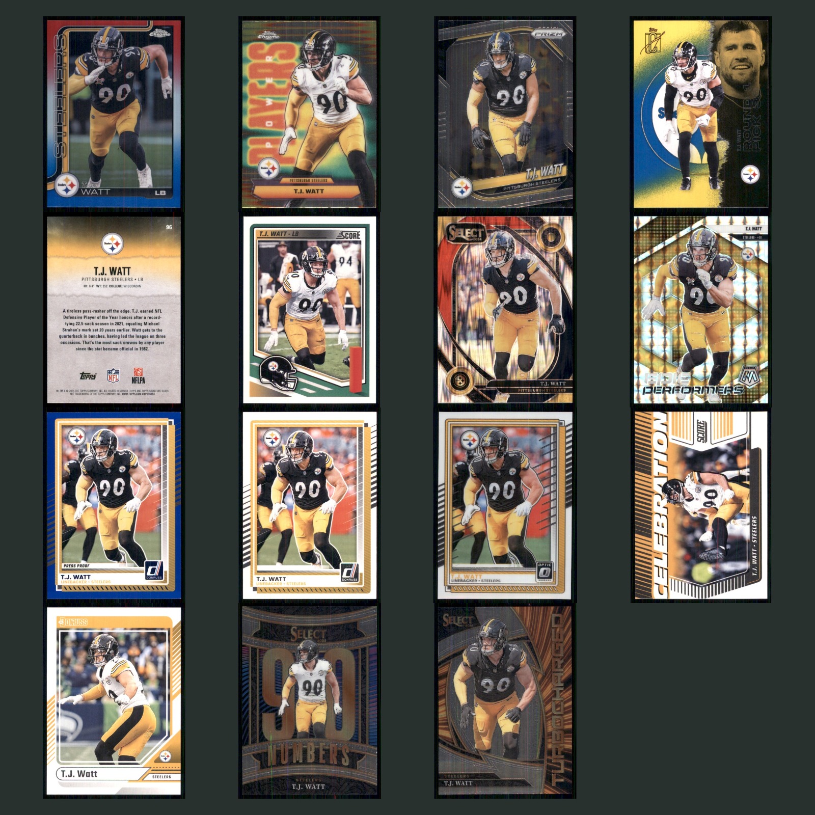 T.J. Watt Lot 15 Football Cards 2025 Topps Chrome Pittsburgh Steelers Set NFL VG card scans. Overall card condition is Very Good.