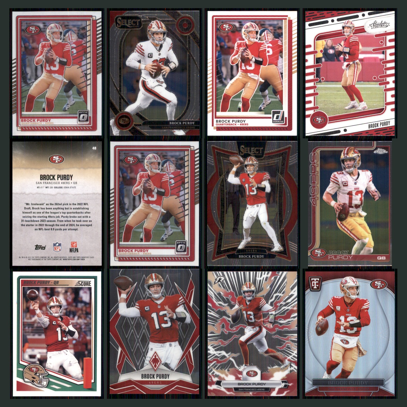 Brock Purdy Lot 12 Football Cards 2025 Panini Donruss Optic San Francisco 49ers card scans. Overall card condition is Near Mint.