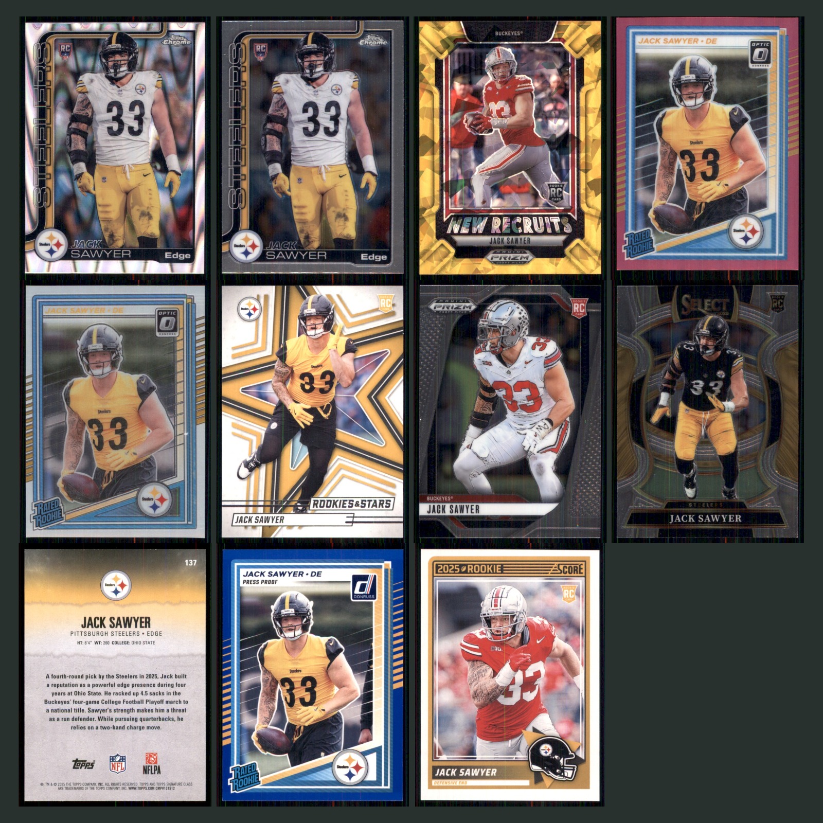 Jack Sawyer Rookie Lot 11 Football Cards 2025 Topps Chrome Pittsburgh Steelers card scans. Overall card condition is Near Mint.