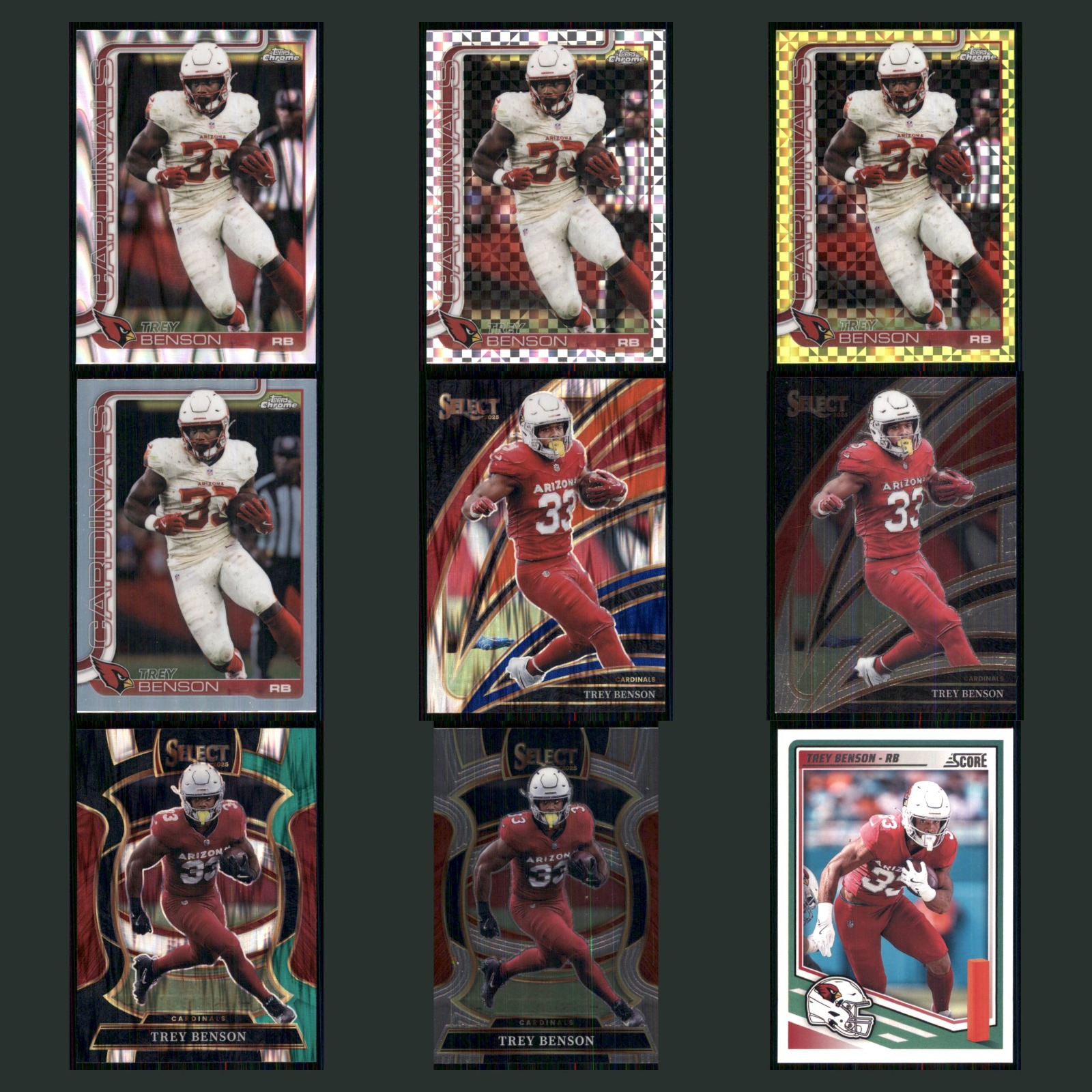 Trey Benson Rookie Lot 9 Football Cards 2023 Topps Chrome Arizona Cardinals Set card scans. Overall card condition is Near Mint.