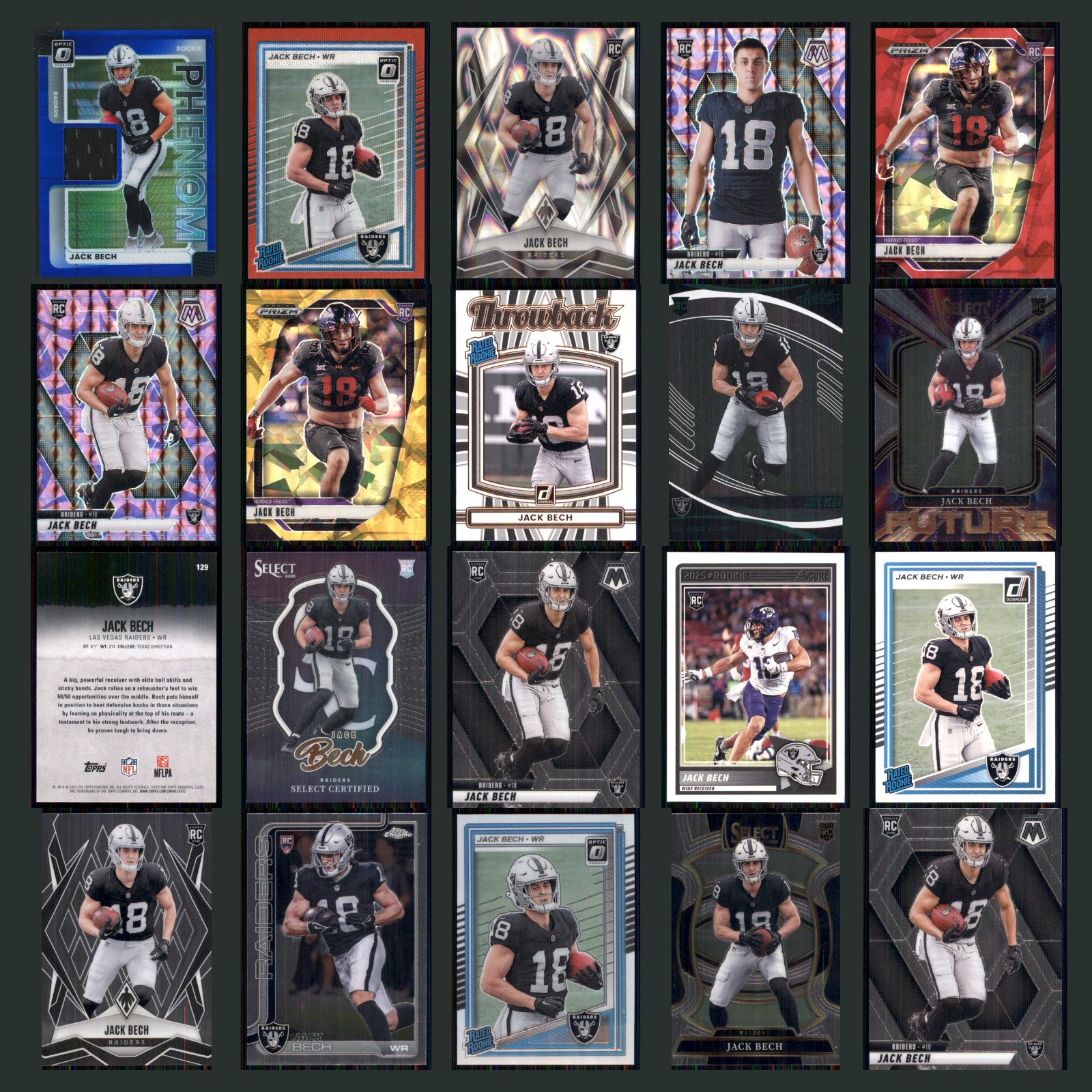 Jack Bech Rookie Patch Lot 20 Football Cards 2025 Panini Donruss Optic Rookie NM card scans. Overall card condition is Near Mint.