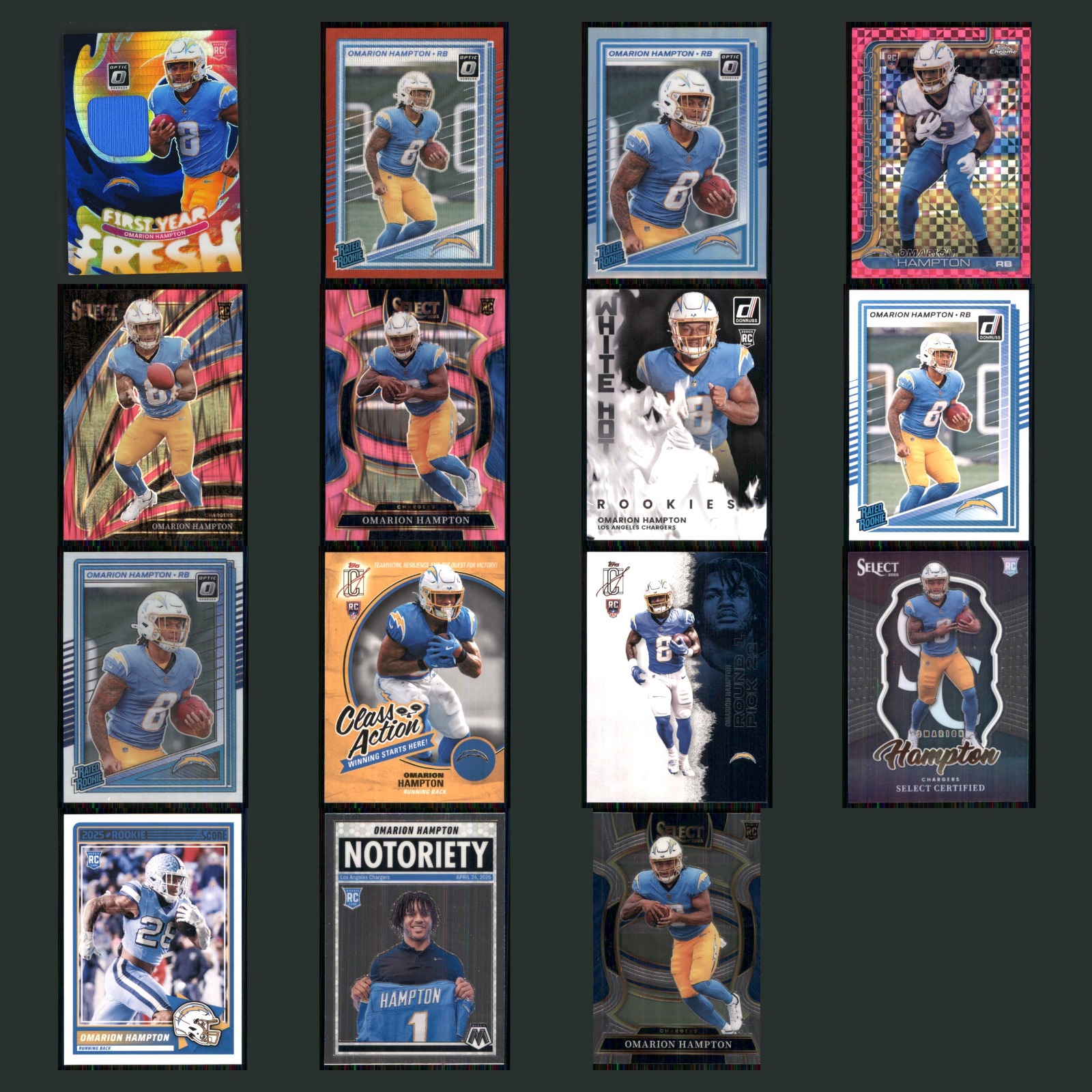 Omarion Hampton Rookie Patch Lot 15 Football Cards 2025 Panini Donruss Optic Set card scans. Overall card condition is Near Mint.