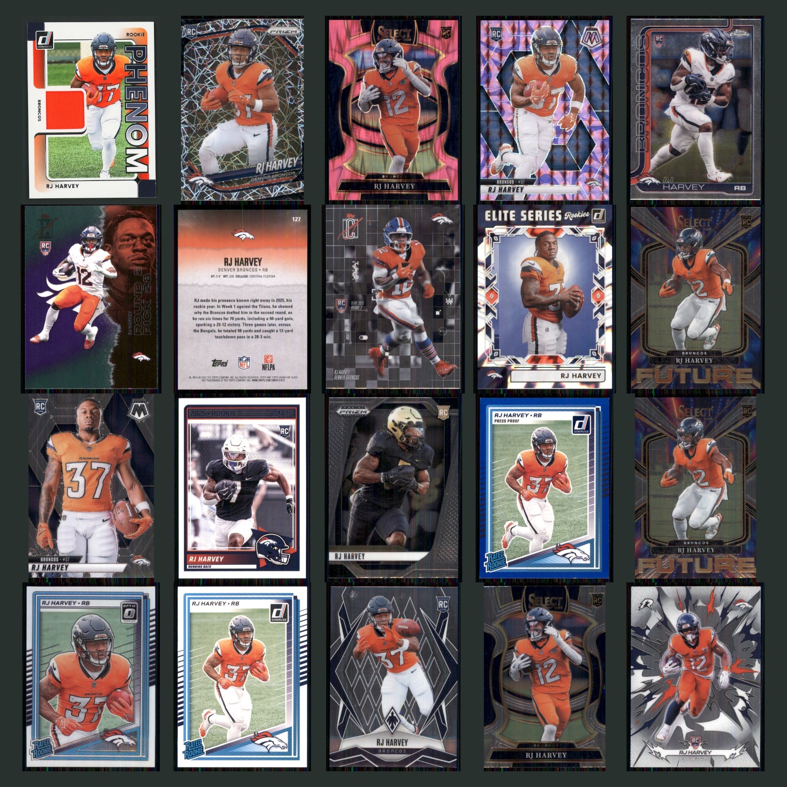 RJ Harvey Rookie Patch Lot 20 Football Cards 2025 Panini Donruss Rookie Phenom card scans. Overall card condition is Near Mint.