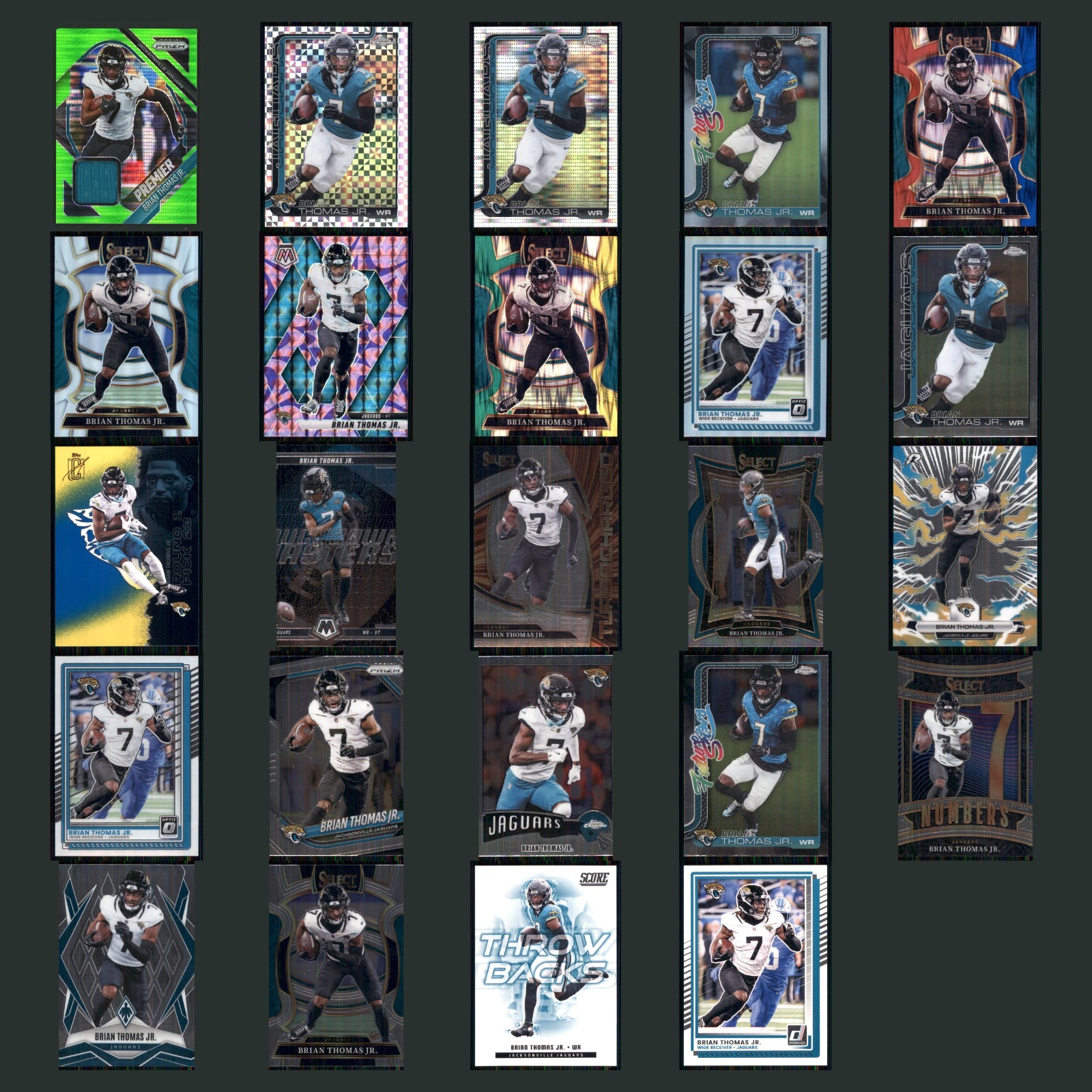 Brian Thomas Jr. Patch Lot 24 Football Cards 2025 Panini Prizm Premier Jerseys card scans. Overall card condition is Near Mint.