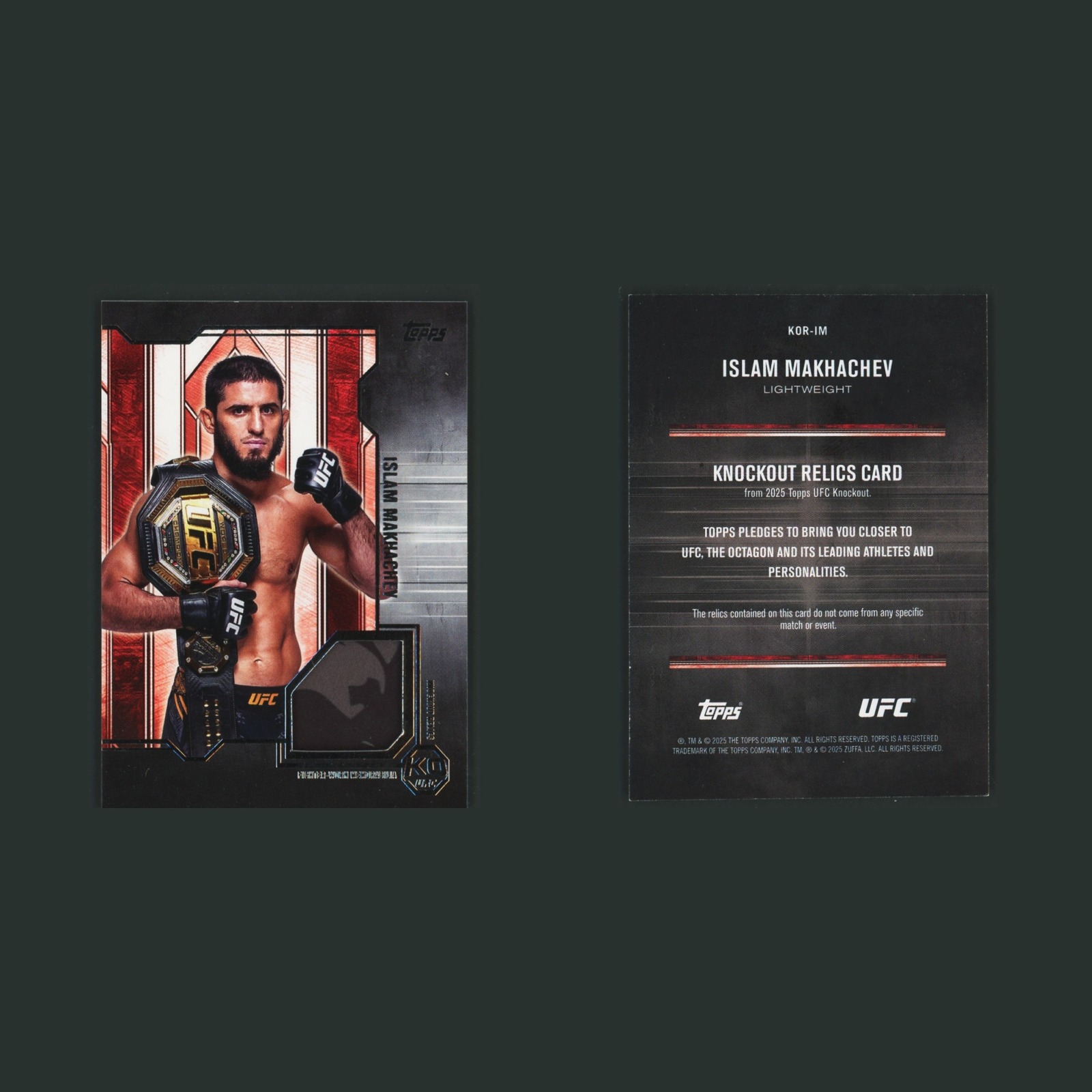 Islam Makhachev Patch #KOR-IM 2025 Topps Knockout UFC Knockout Relics MMA Card front and back scans. Card condition is Near Mint.