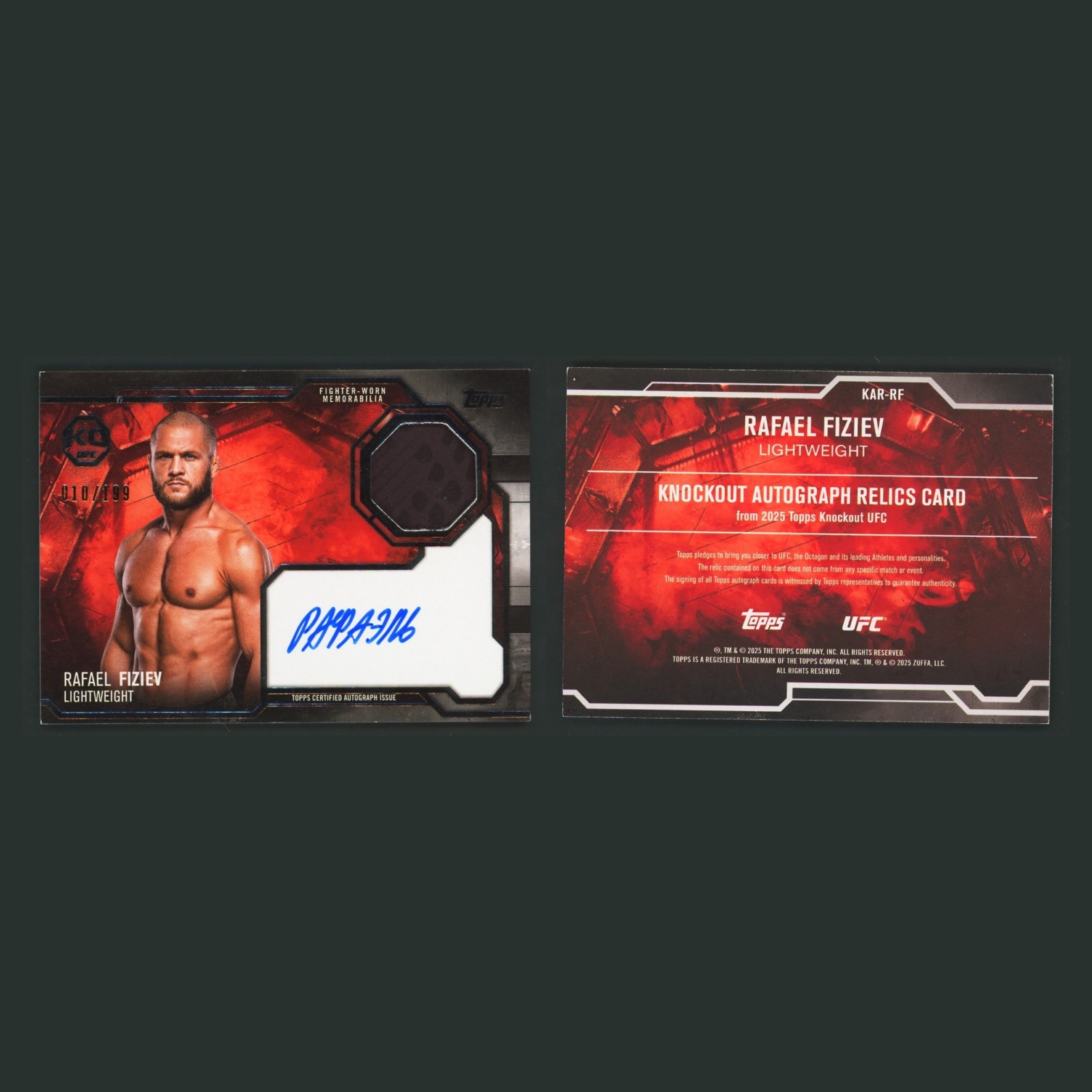 Rafael Fiziev Patch Auto /199 #KAR-RF 2025 Topps Knockout UFC Relics MMA Card front and back scans. Card condition is Near Mint.