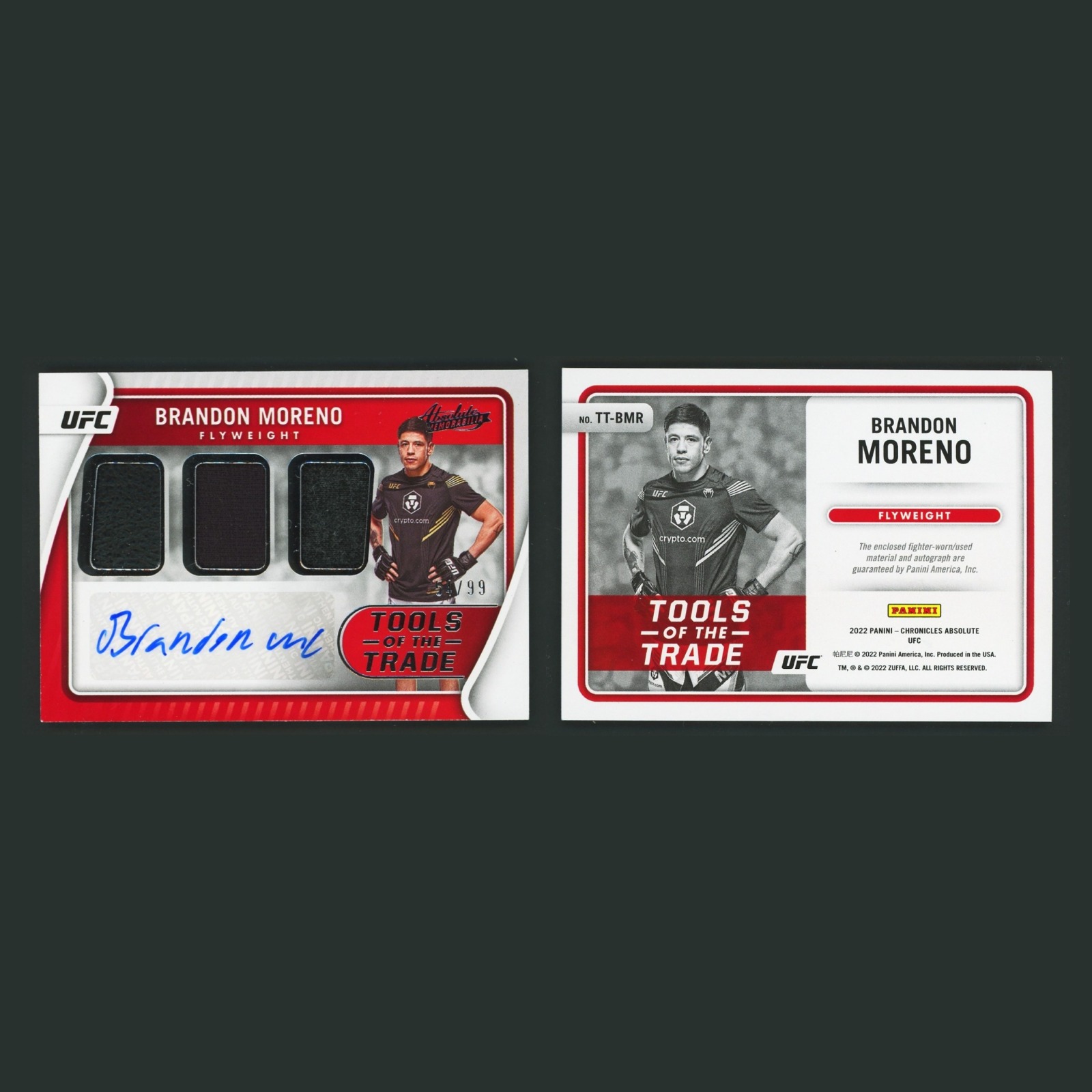 Brandon Moreno Patch Auto /99 #TT-BMR 2022 Chronicles Absolute Tools of the MMA front and back scans. Card condition is Near Mint.