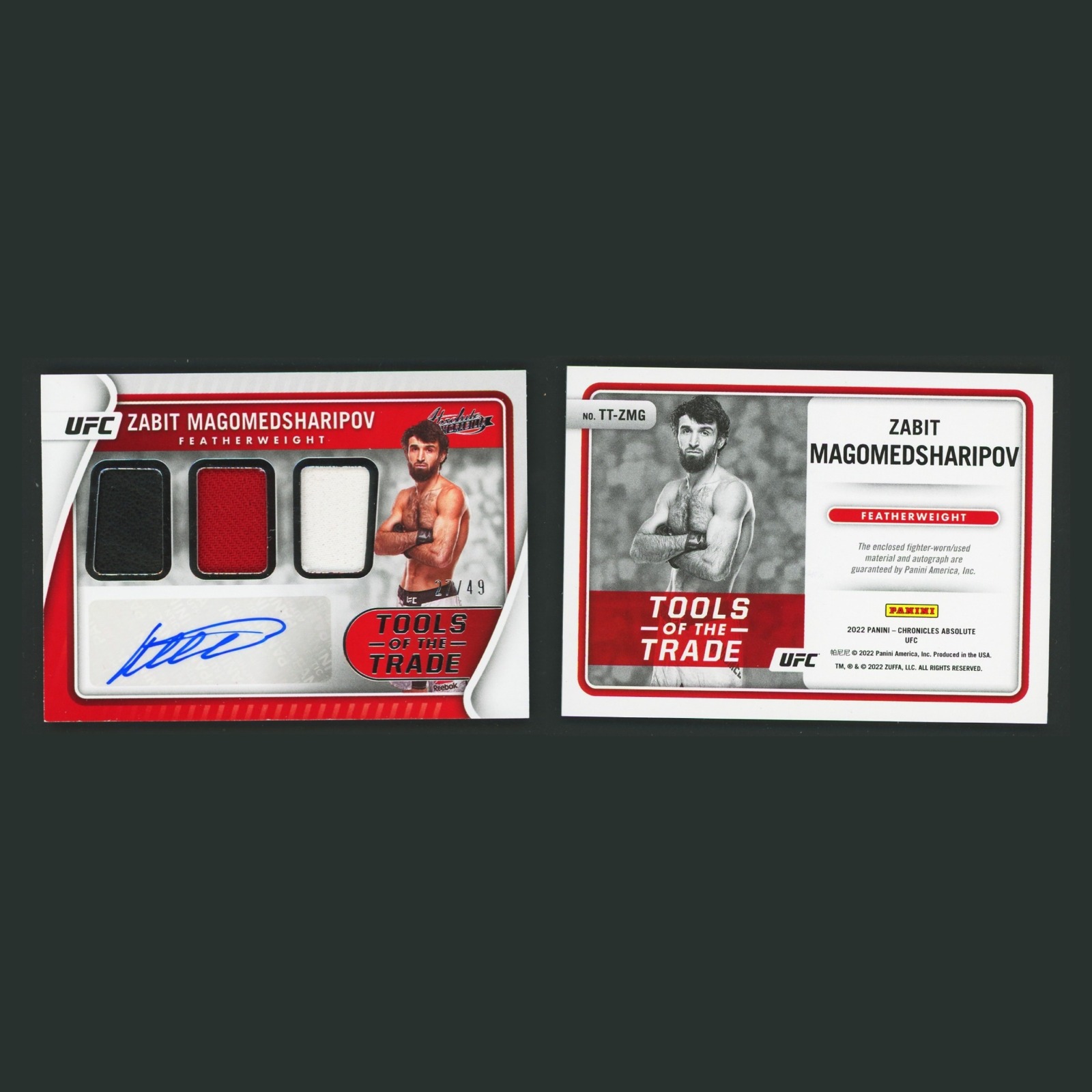 Zabit Magomedsharipov Patch Auto /49 #TT-ZMG 2022 Absolute Tools of the Trade front and back scans. Card condition is Near Mint.