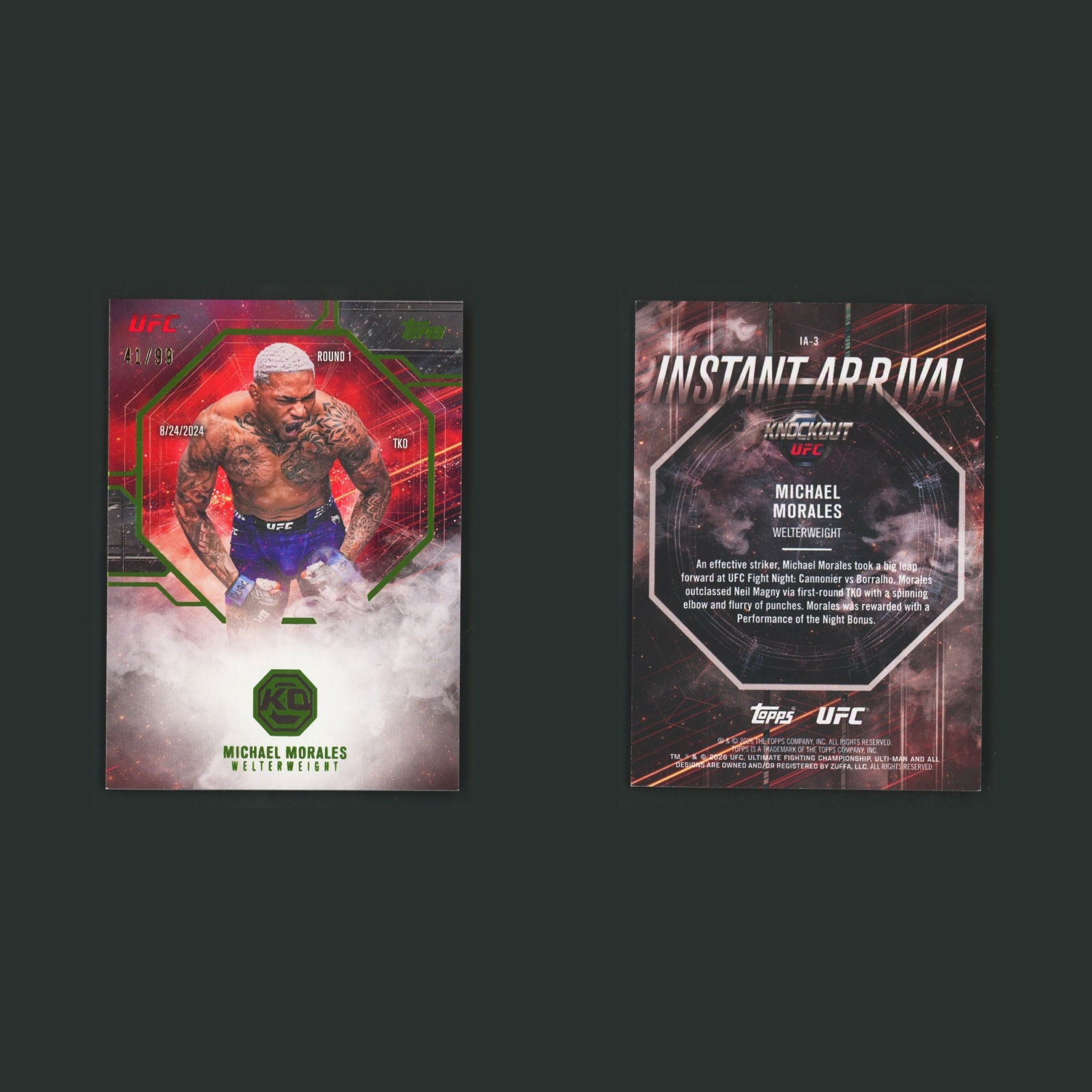 Michael Morales /99 #IA-3 2026 Topps Knockout UFC Instant Arrival Lime Green MMA front and back scans. Card condition is Near Mint.