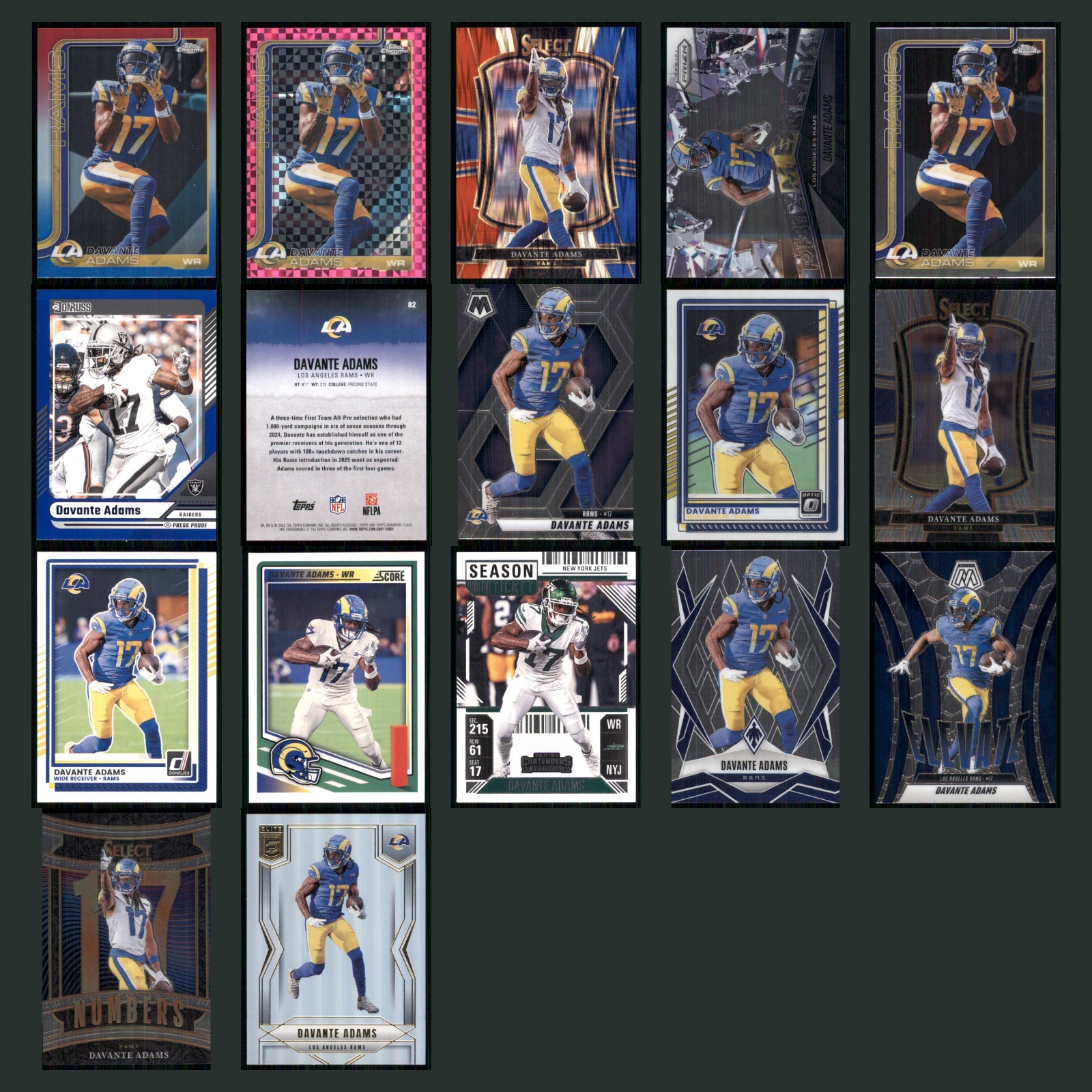 Davante Adams Lot 17 Football Cards 2025 Topps Chrome Los Angeles Rams Set NFL card scans. Overall card condition is Near Mint.