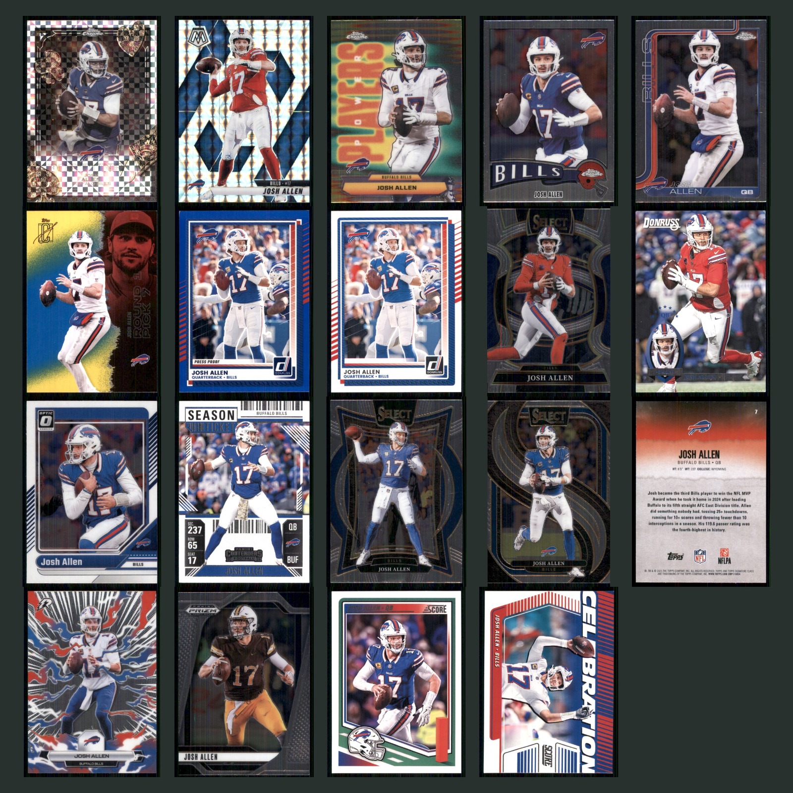 Josh Allen Lot 19 Football Cards 2025 Topps Chrome Fortune 15 Buffalo Bills Set card scans. Overall card condition is Near Mint.