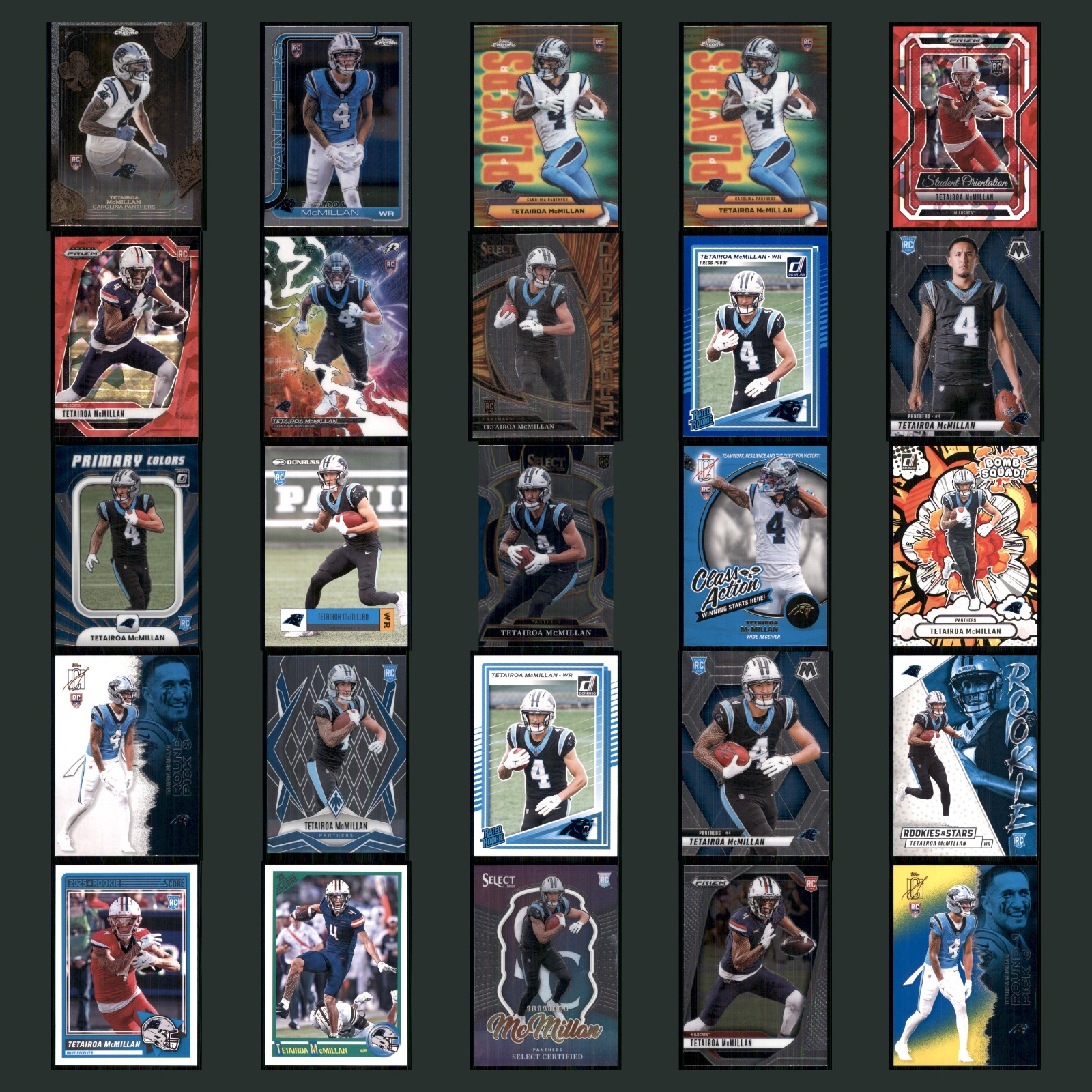 Tetairoa McMillan Rookie Lot 25 Football Cards 2025 Topps Chrome Fortune 15 Set card scans. Overall card condition is Near Mint.