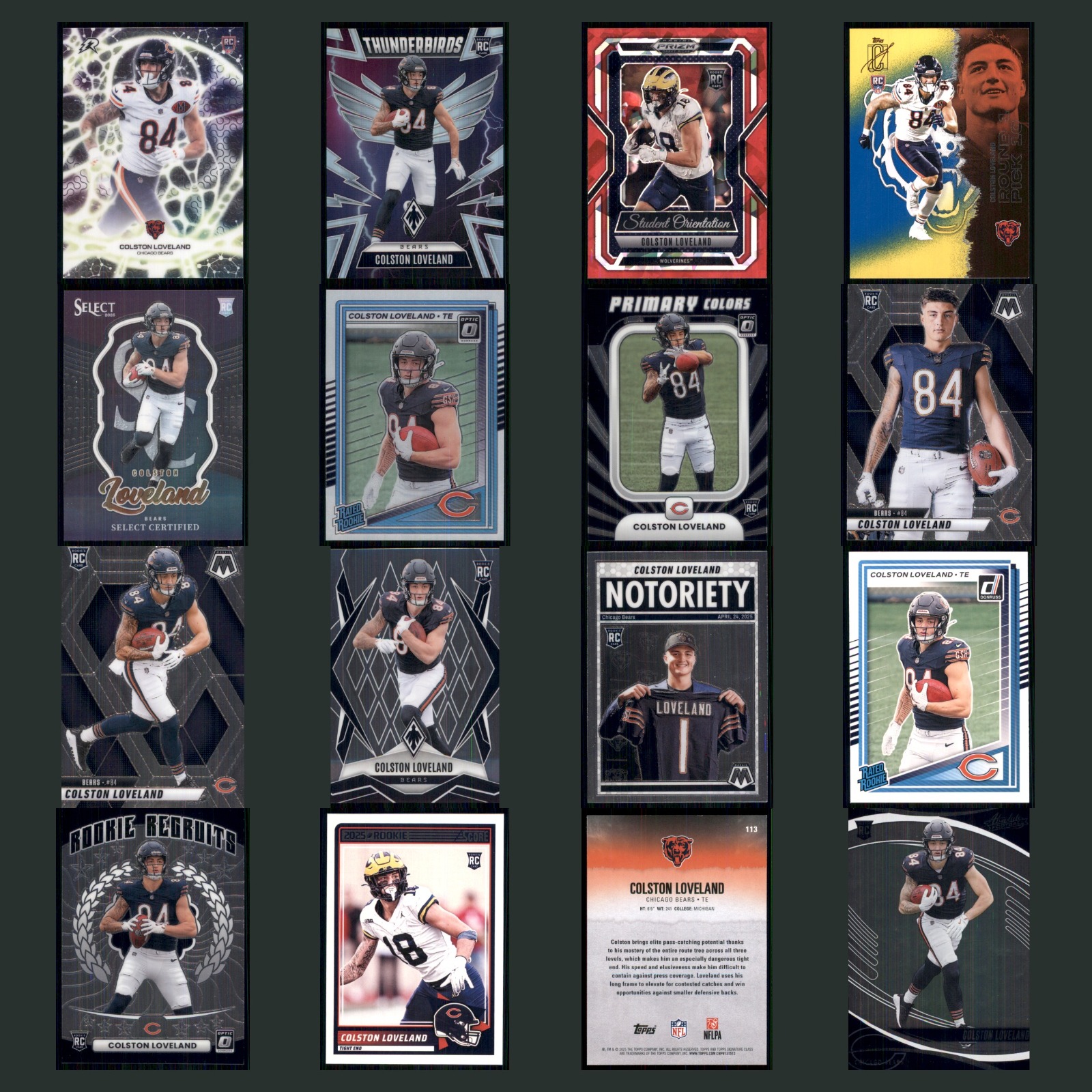 Colston Loveland Rookie Lot 16 Football Cards 2025 Topps Chrome Protonyx Bears card scans. Overall card condition is Near Mint.