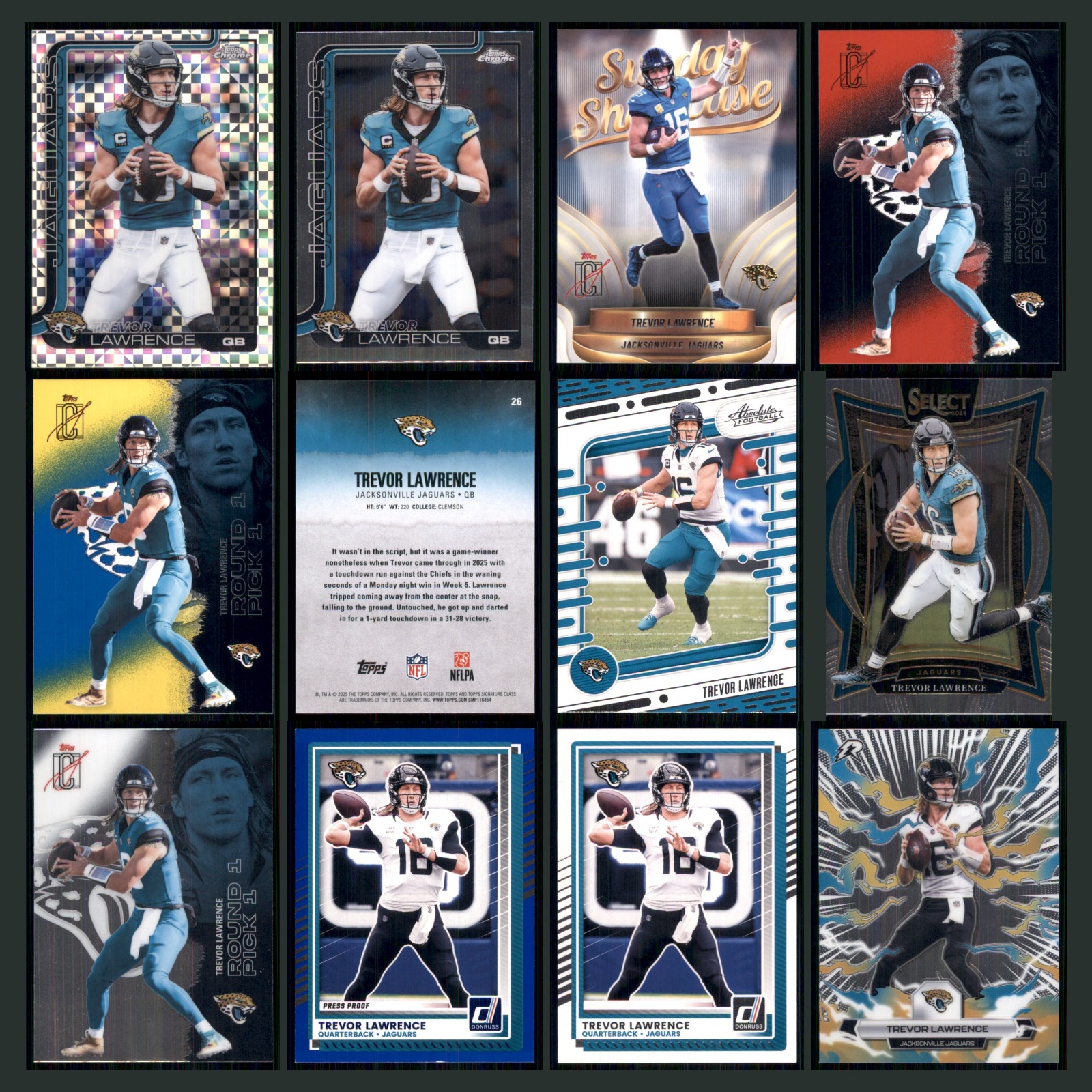 Trevor Lawrence Lot 12 Football Cards 2025 Topps Chrome Jacksonville Jaguars Set card scans. Overall card condition is Near Mint.