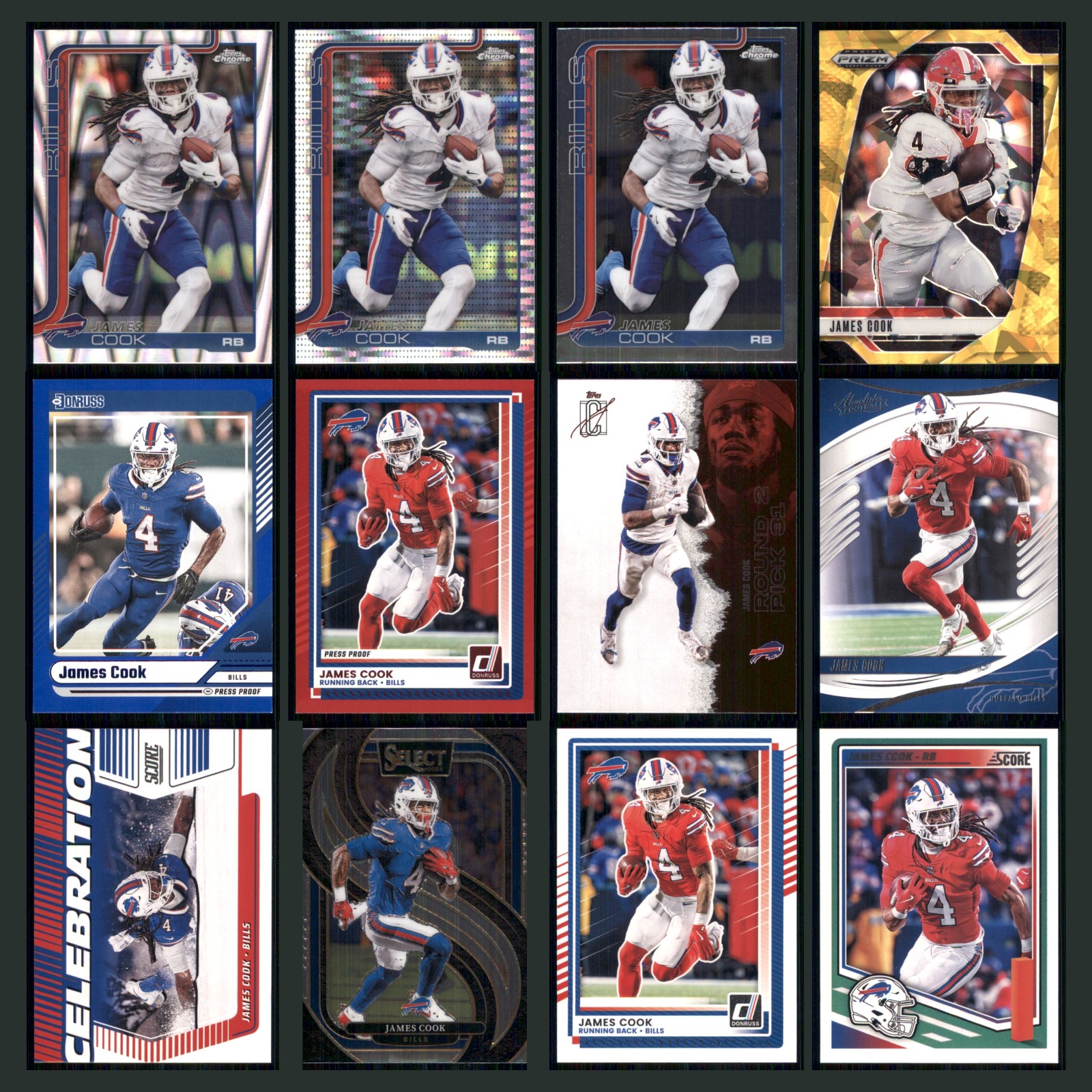 James Cook Lot 12 Football Cards 2025 Topps Chrome Buffalo Bills Set Collection card scans. Overall card condition is Near Mint.