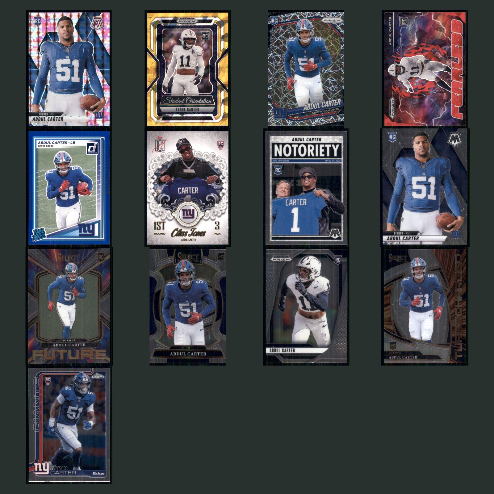Abdul Carter Rookie Lot 13 Football Cards 2025 Panini Mosaic New York Giants Set card scans. Overall card condition is Near Mint.