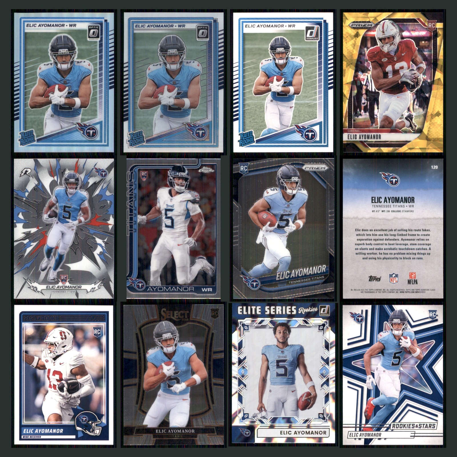 Elic Ayomanor Rookie Lot 12 Football Cards 2025 Panini Donruss Optic Titans Set card scans. Overall card condition is Near Mint.