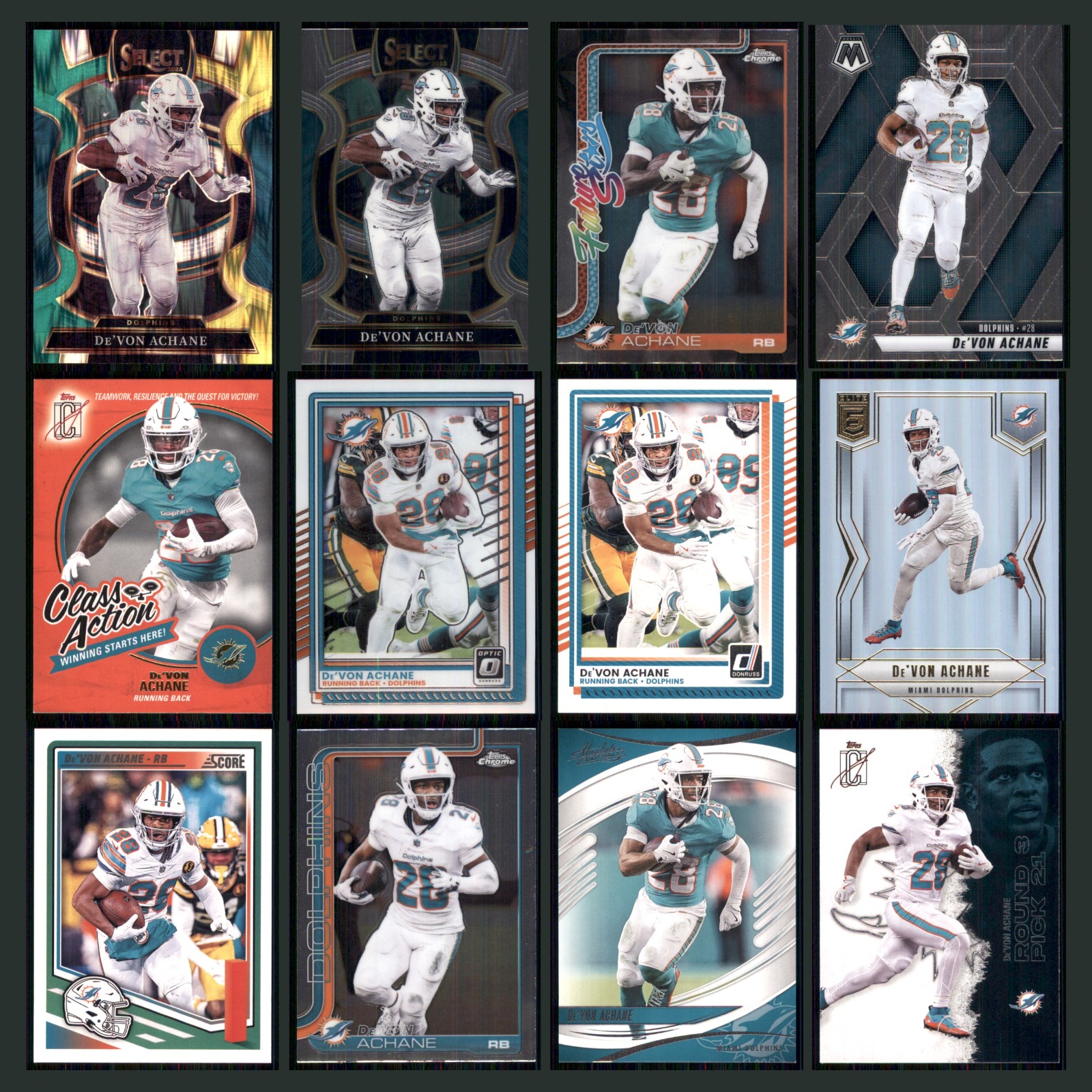 De'Von Achane Lot 12 Football Cards 2025 Panini Select Concourse Miami Dolphins card scans. Overall card condition is Near Mint.