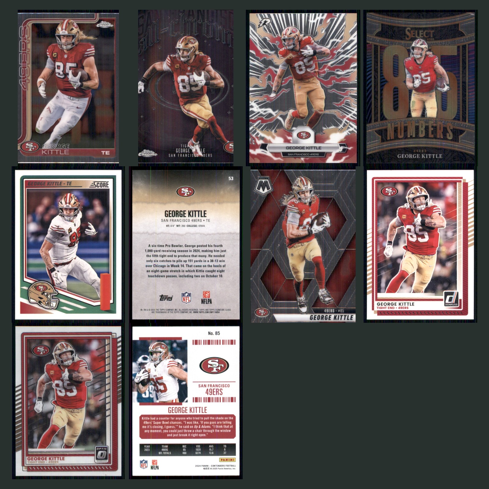 George Kittle Lot 10 Football Cards 2025 Topps Chrome San Francisco 49ers Set NM card scans. Overall card condition is Near Mint.