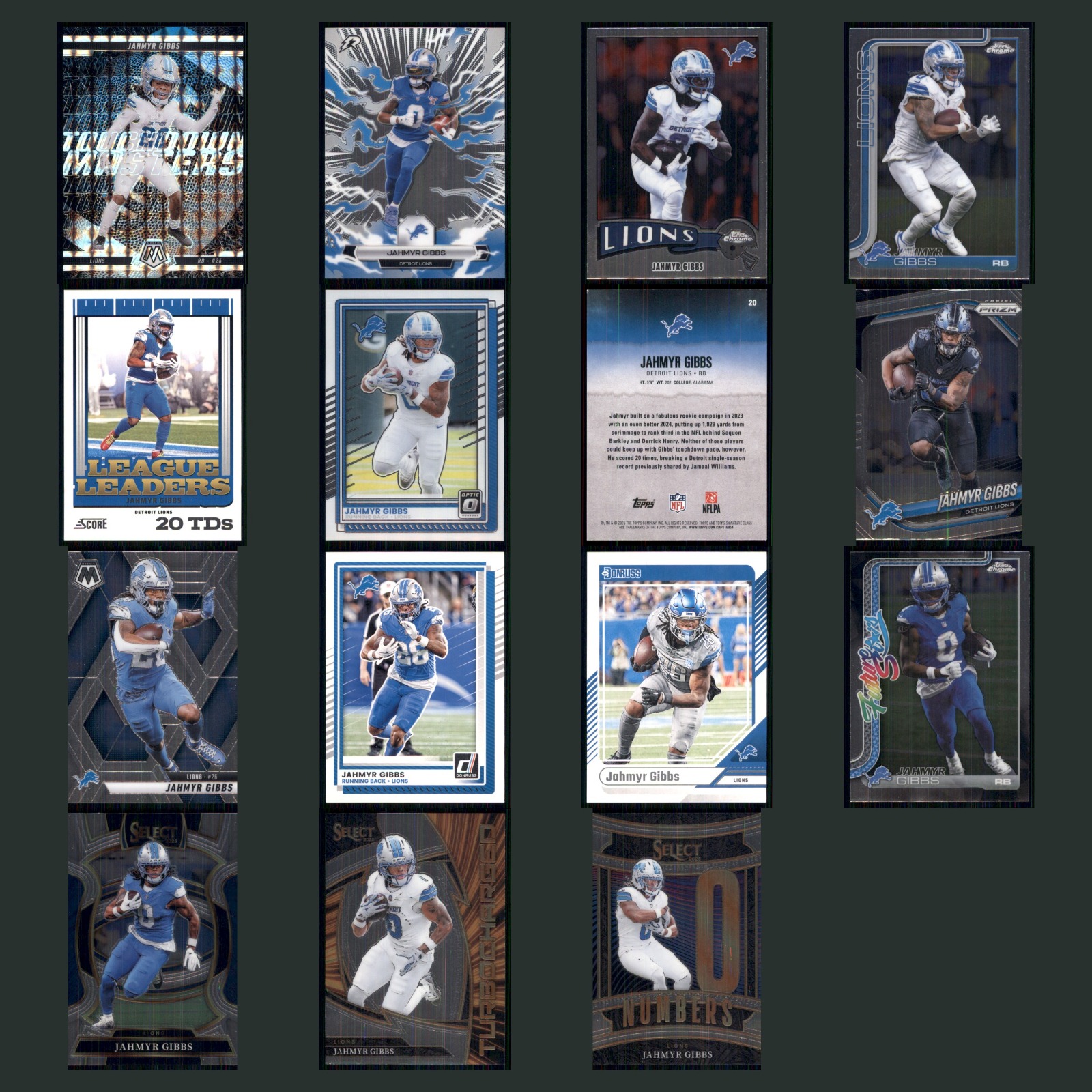 Jahmyr Gibbs Lot 15 Football Cards 2025 Panini Mosaic Touchdown Masters Lions NM card scans. Overall card condition is Near Mint.