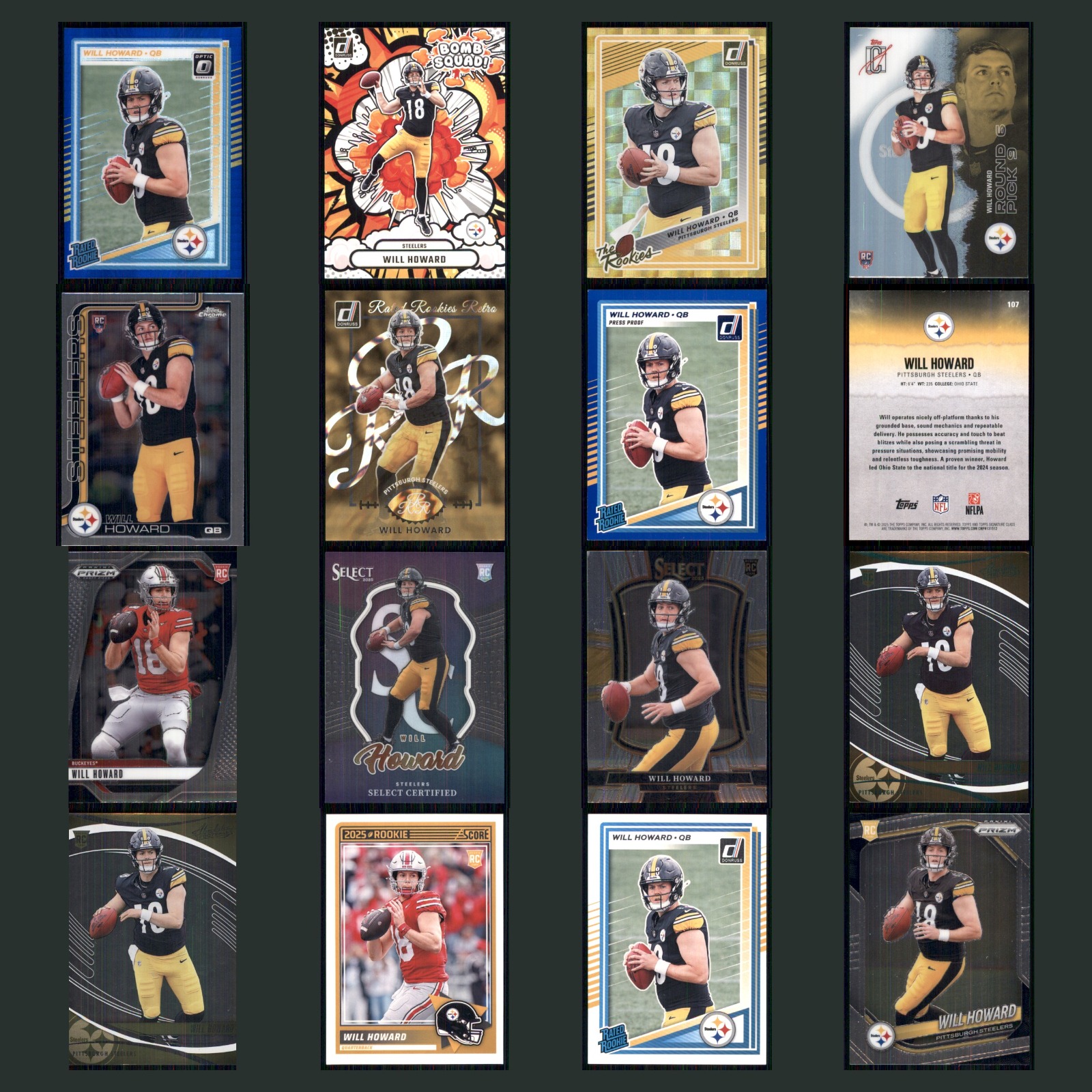 Will Howard Rookie Lot 16 Football Cards 2025 Panini Donruss Optic Steelers Set card scans. Overall card condition is Near Mint.
